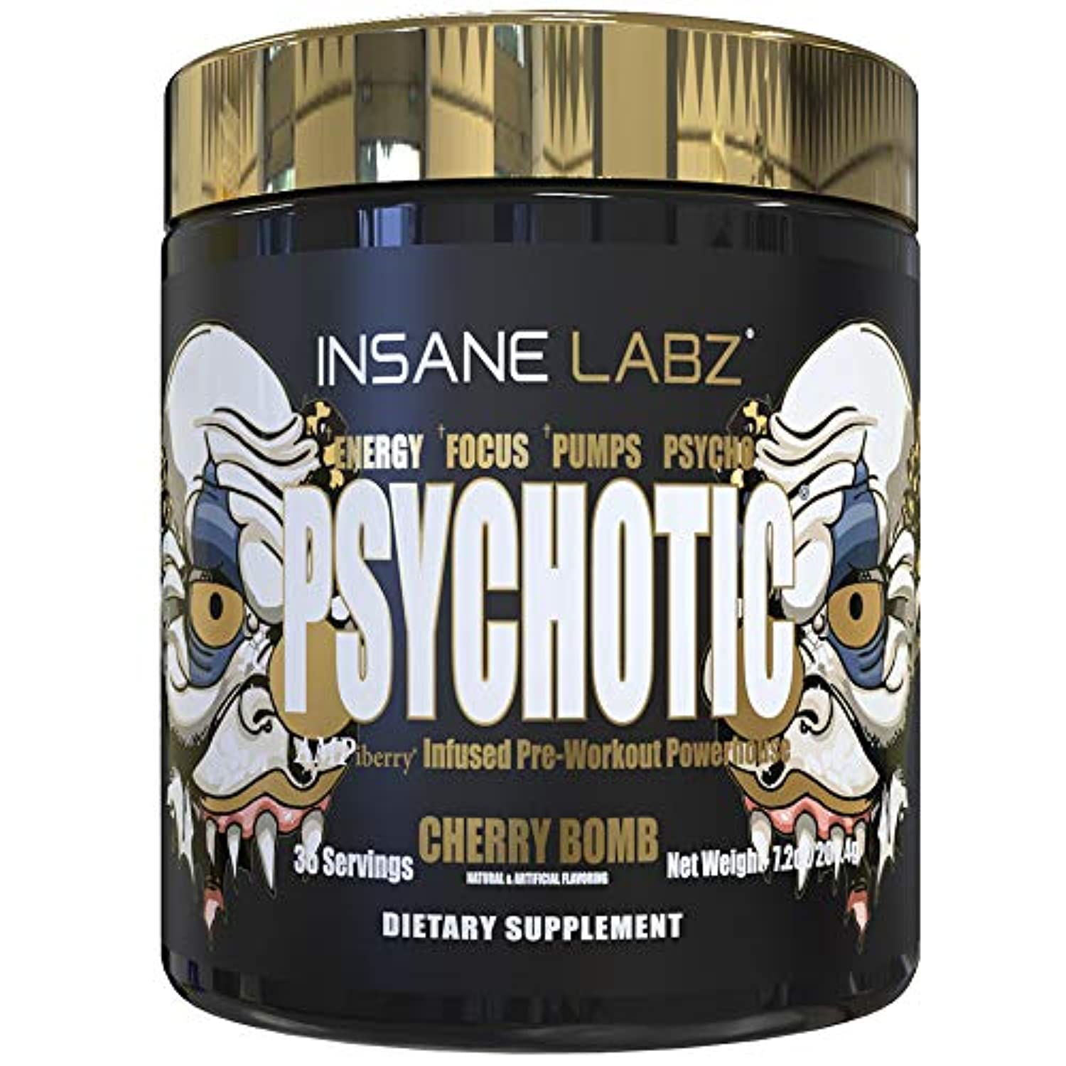 Lata de Insane Labz Psychotic Gold lista para entrenar con energía sostenida.