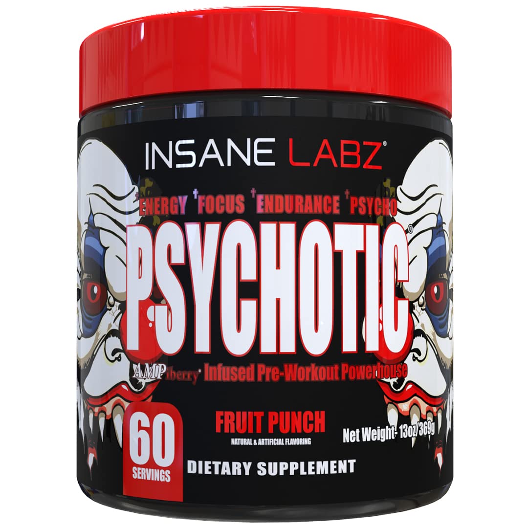 Insane Labz Psychotic, lata-fruta-punch, energía sostenida para entrenos intensos