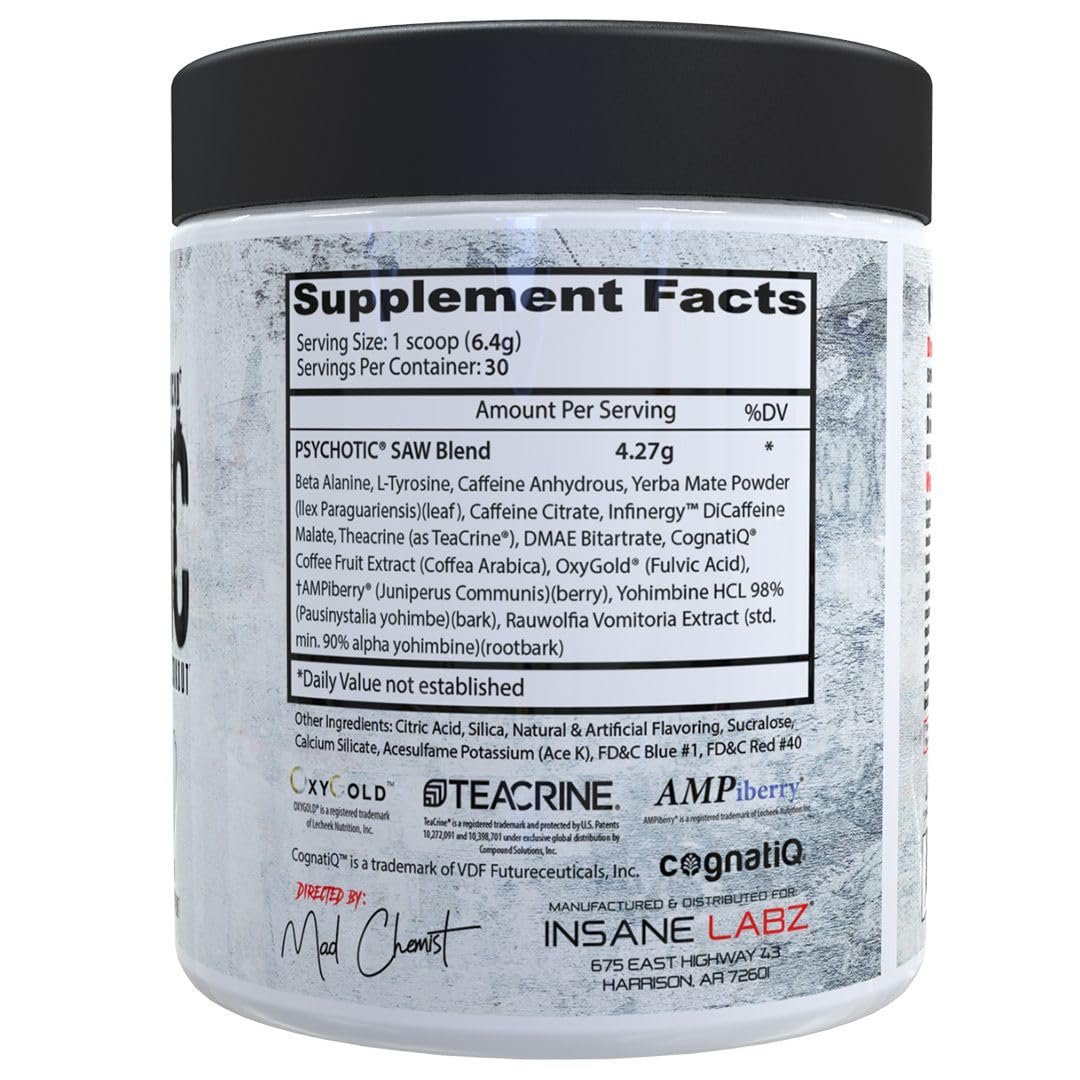 Insane Labz Psychotic Saw, sabor frambuesa azul, enfoque sostenido durante entrenamientos.