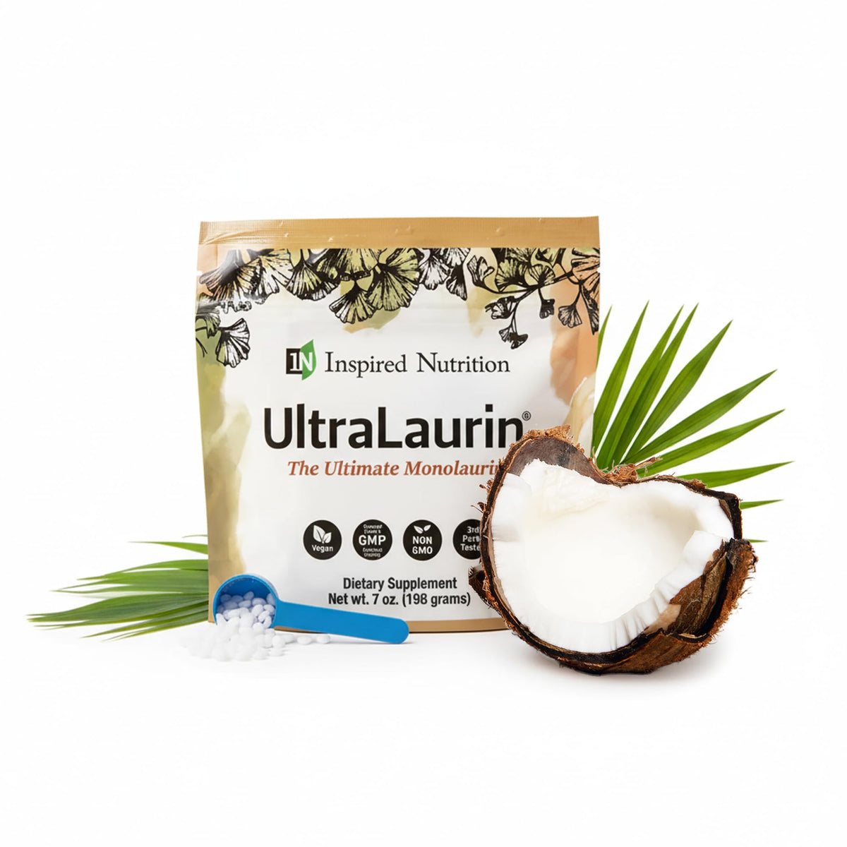 Inspired Nutrition UltraLaurin defensa inmune con perlas de coco, uso diario recomendado.