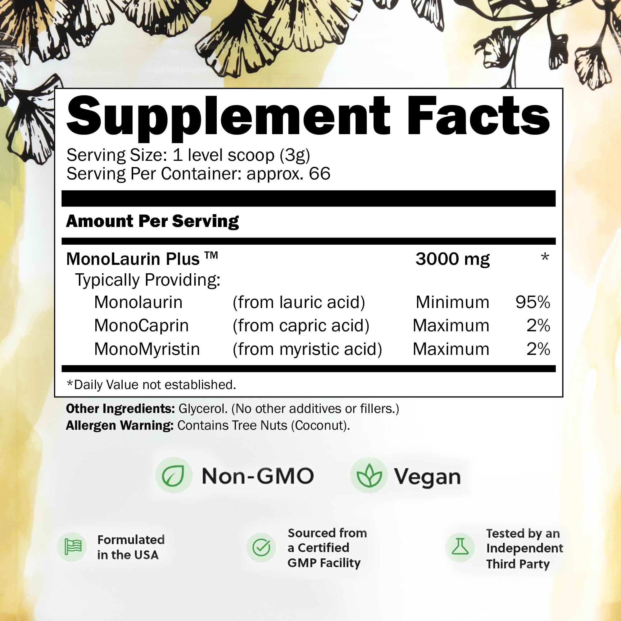 Inspired Nutrition UltraLaurin salud intestinal con mezcla de monolaurina para bienestar.
