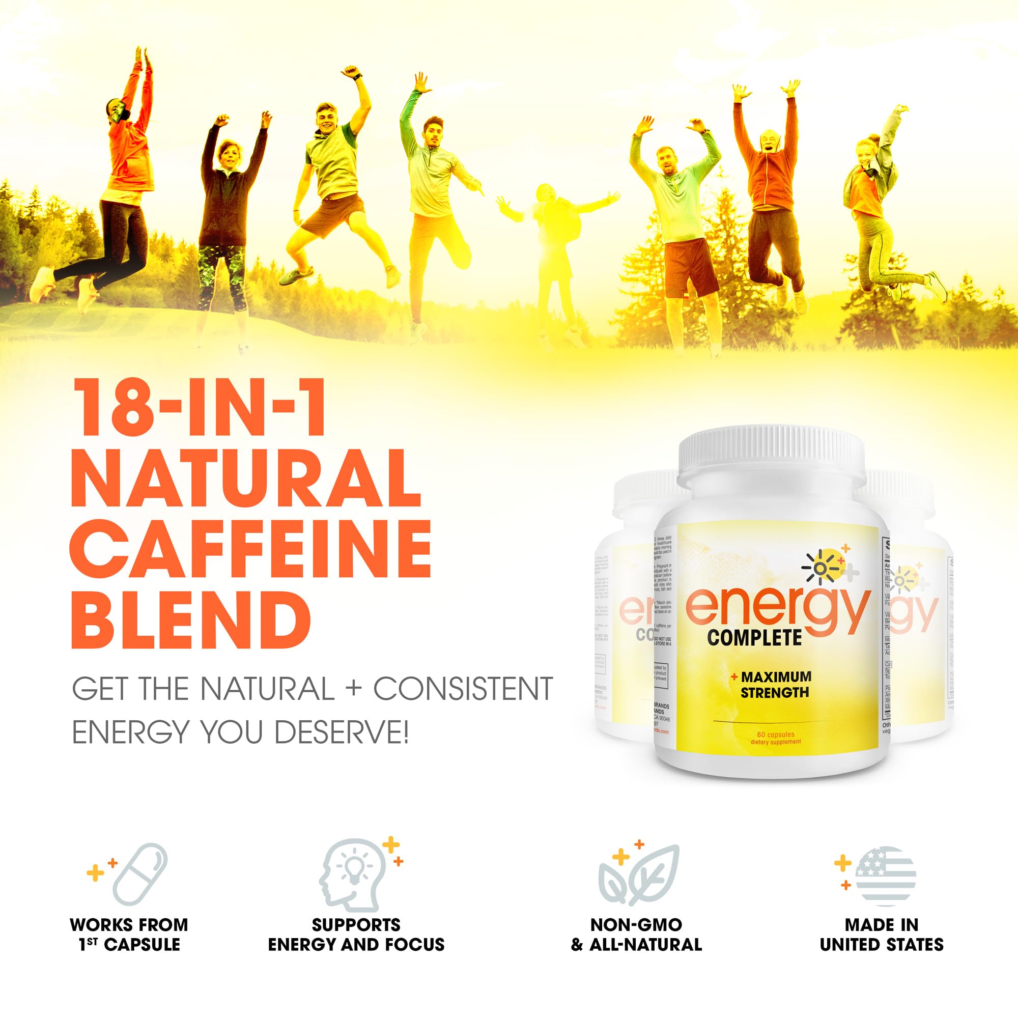 Etiqueta frontal Energy Complete destaca fórmula vegana y liberación prolongada de cafeína.