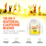 Etiqueta frontal Energy Complete destaca fórmula vegana y liberación prolongada de cafeína.