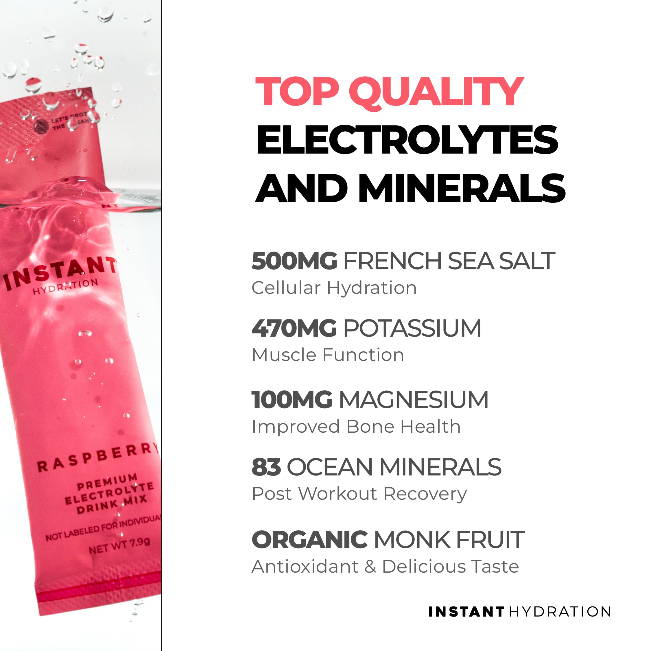 Instant Hydration electrolitos raspberry etiqueta: información clara de nutrientes.