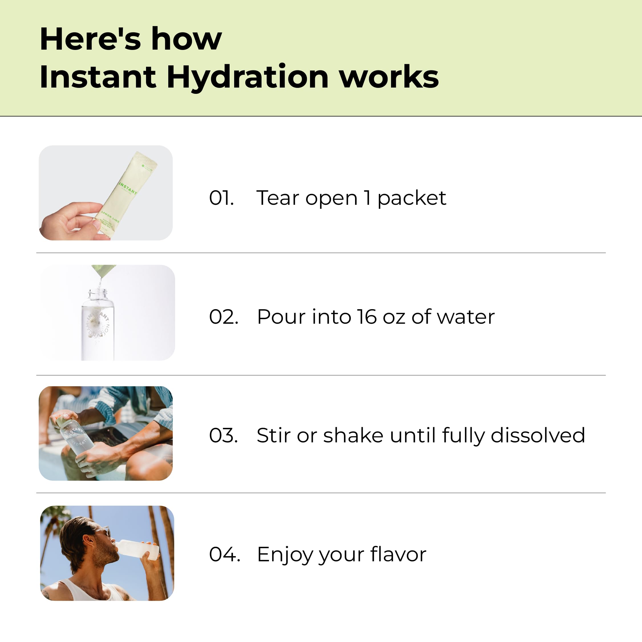 Instant Hydration: valor nutricional destacado, limón-lima para electrolitos.