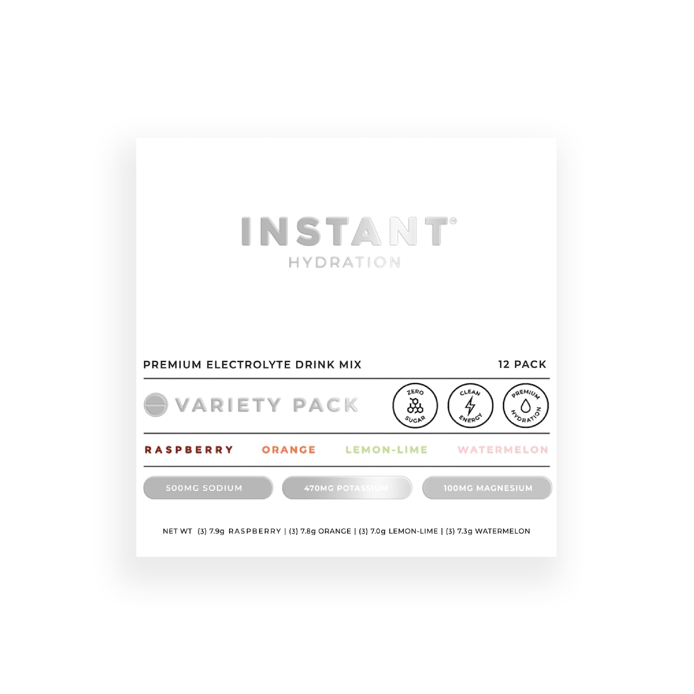 Instant Hydration Variedad Pack frente muestra sabores sin azúcar para hidratación diaria