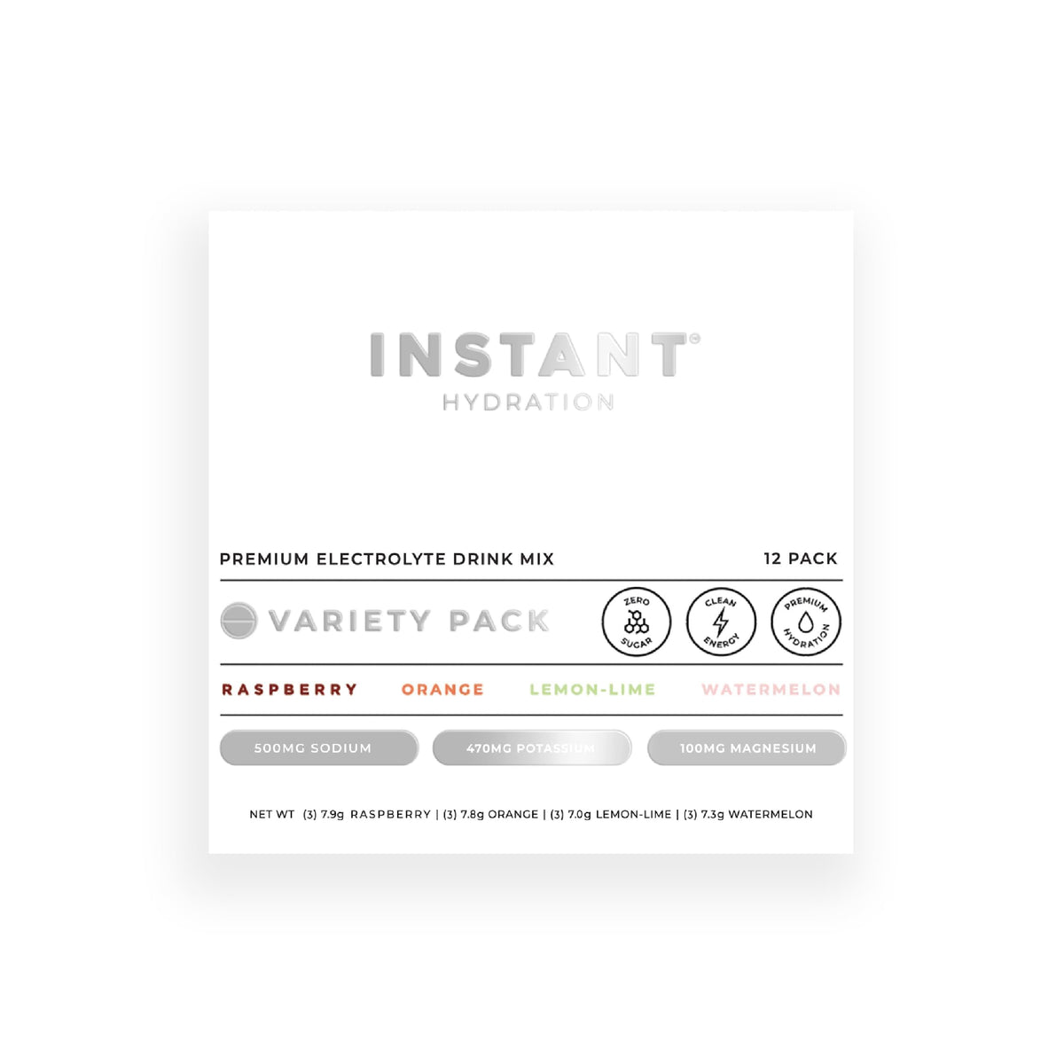 Instant Hydration Variedad Pack frente muestra sabores sin azúcar para hidratación diaria
