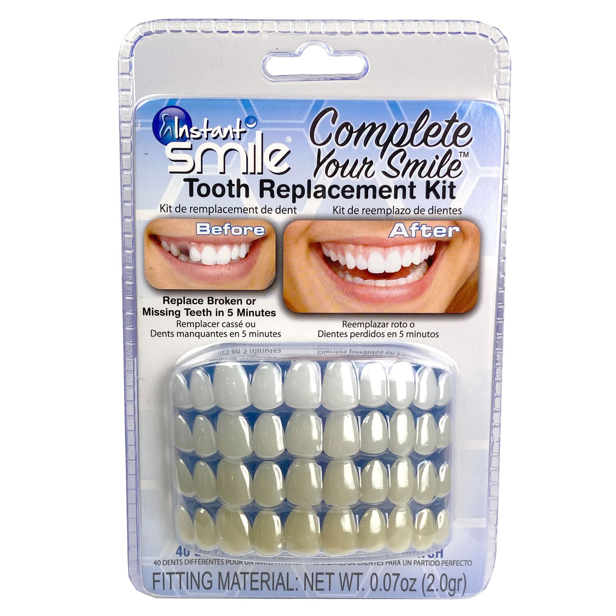 Instant Smile: empaque del kit para dientes temporales, uso práctico para tu sonrisa.