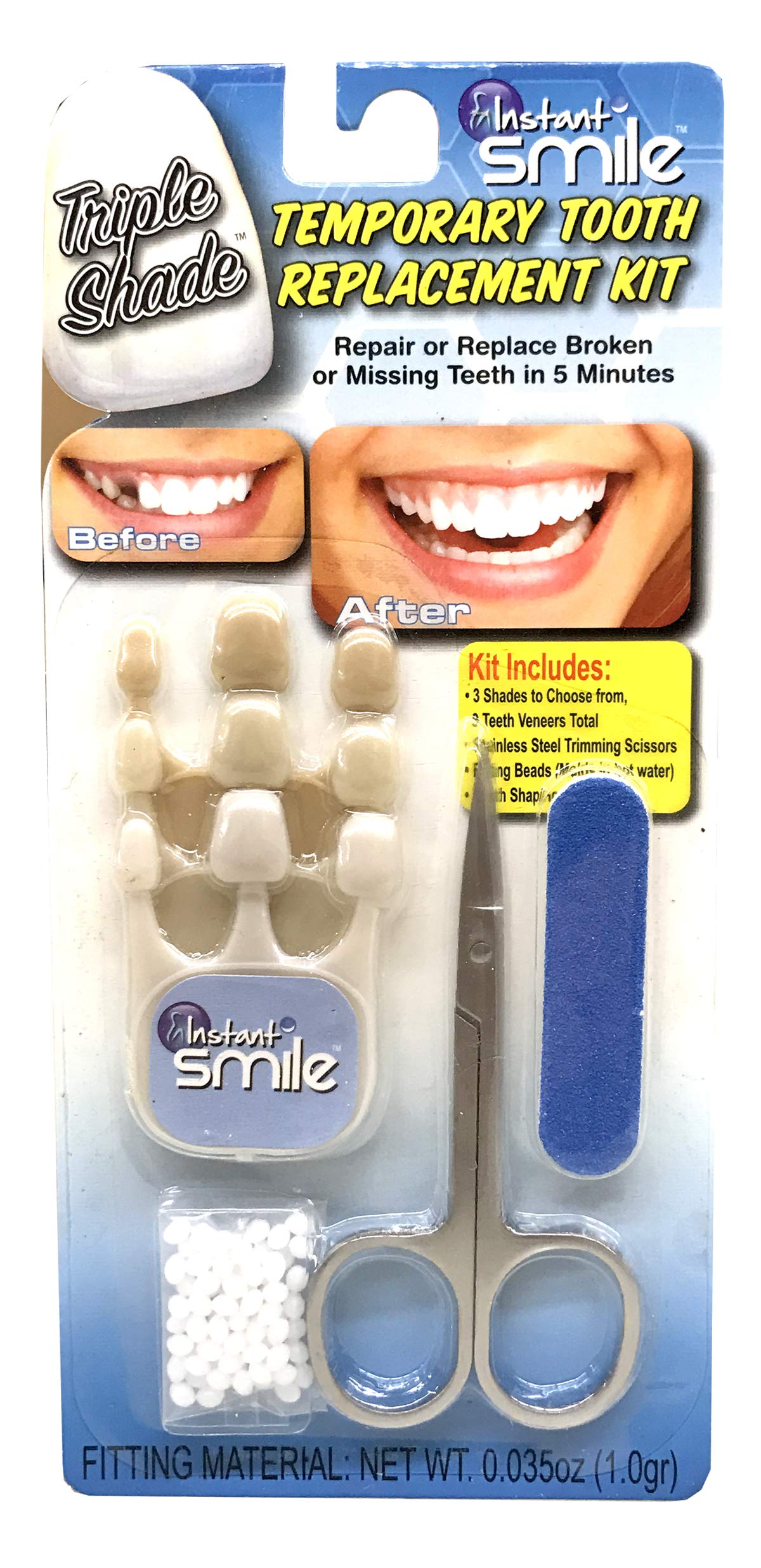 Instant Smile Diente temporal tono triple, ajustable y realista para reemplazo rápido.