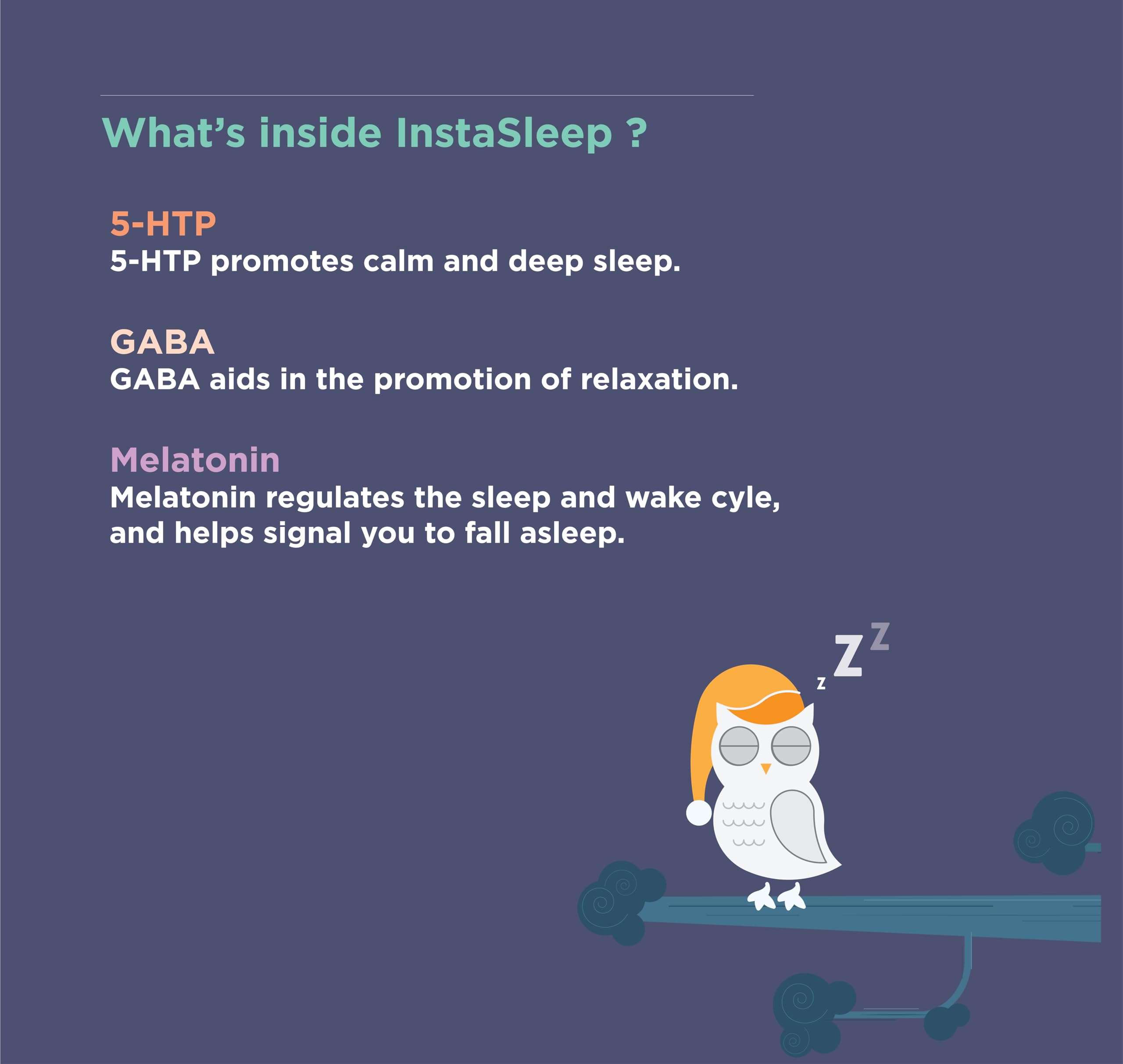 Ingredientes de InstaSleep Mint: melatonina, GABA y 5-HTP en la fórmula.