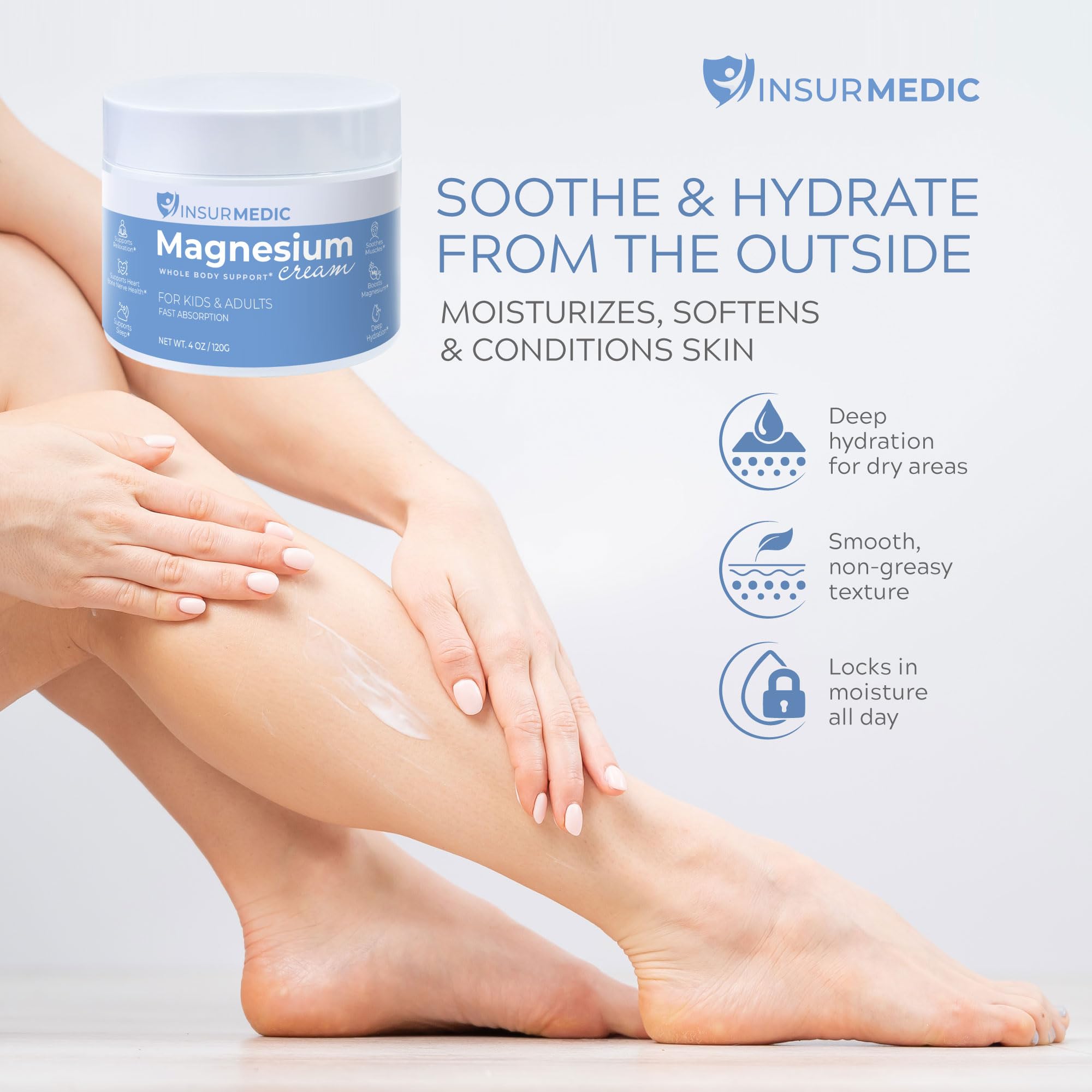 InsurMedic crema magnesio aplicada en piernas para confort diario.