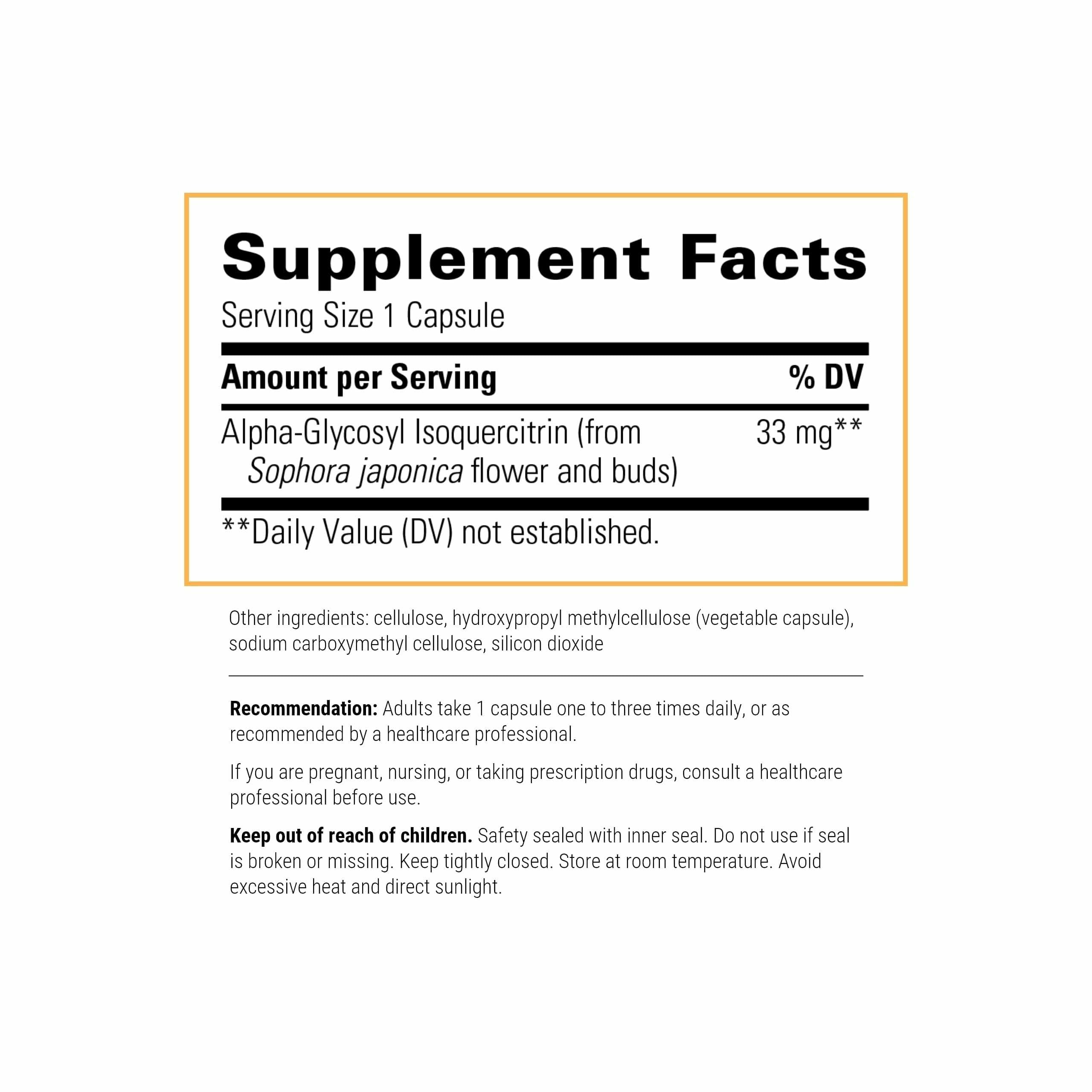 Integrative Therapeutics Alpha-Glycosyl Isoquercitrin, detalle de etiqueta, información de ingredientes