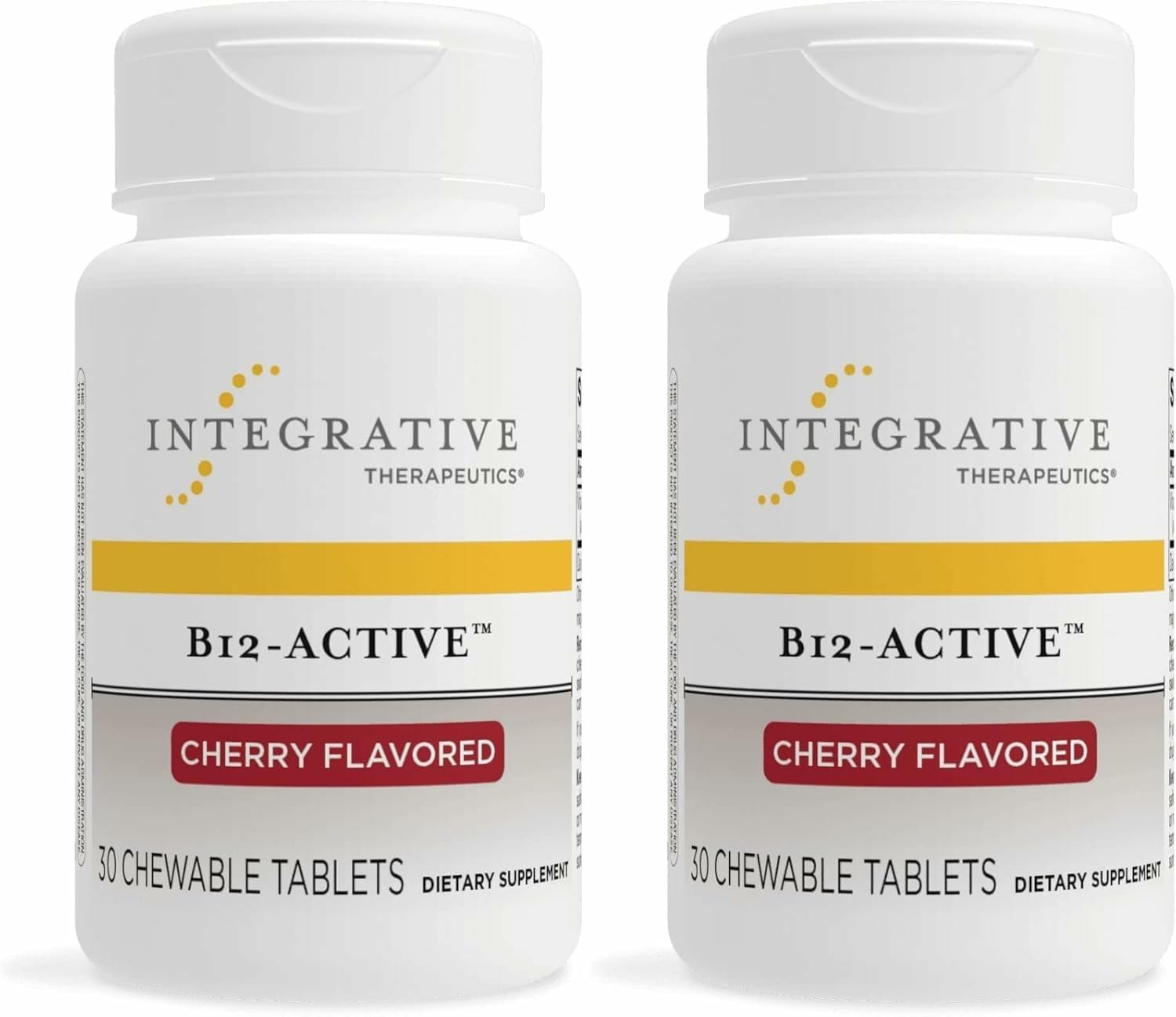 Integrative Therapeutics B-12 Active botella frontal, pastillas masticables con sabor a cereza.