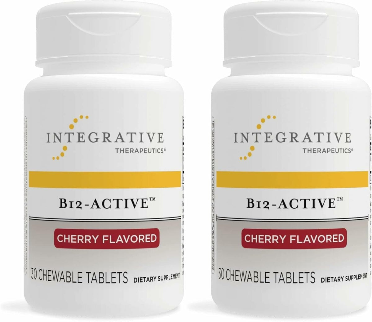 Integrative Therapeutics B-12 Active botella frontal, pastillas masticables con sabor a cereza.