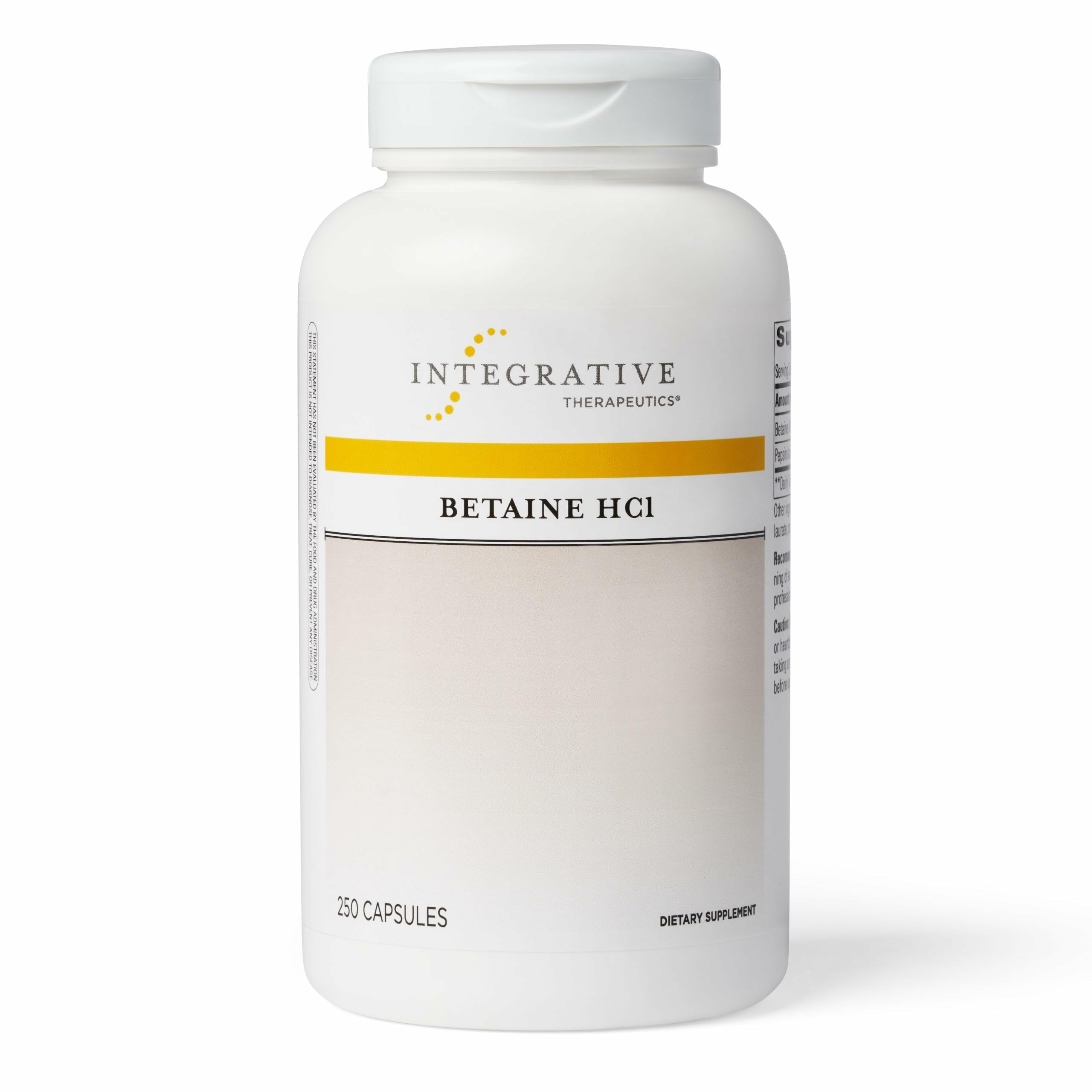 Botella de Integrative Therapeutics Betaína HCl con cápsulas para apoyo digestivo diario