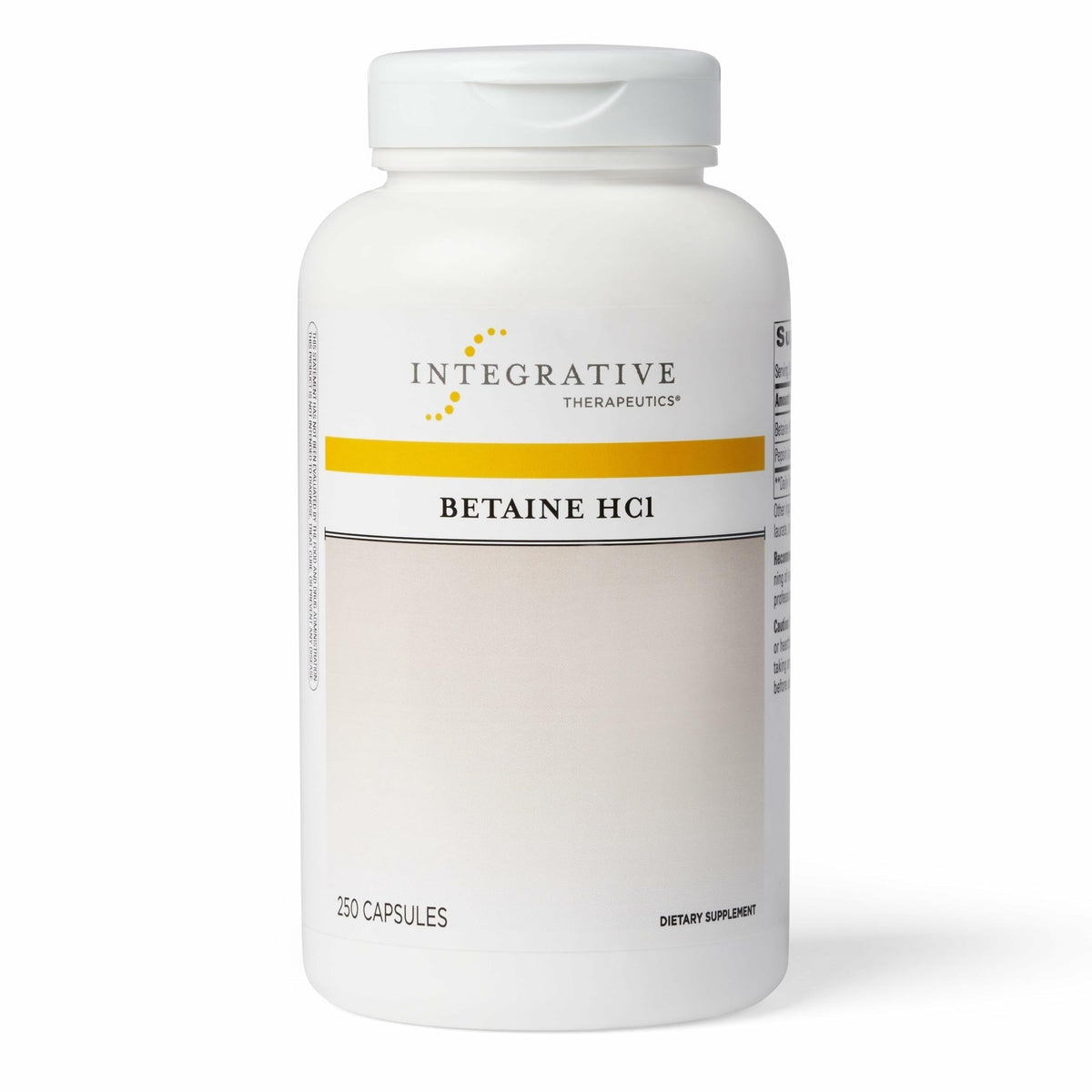Botella de Integrative Therapeutics Betaína HCl con cápsulas para apoyo digestivo diario