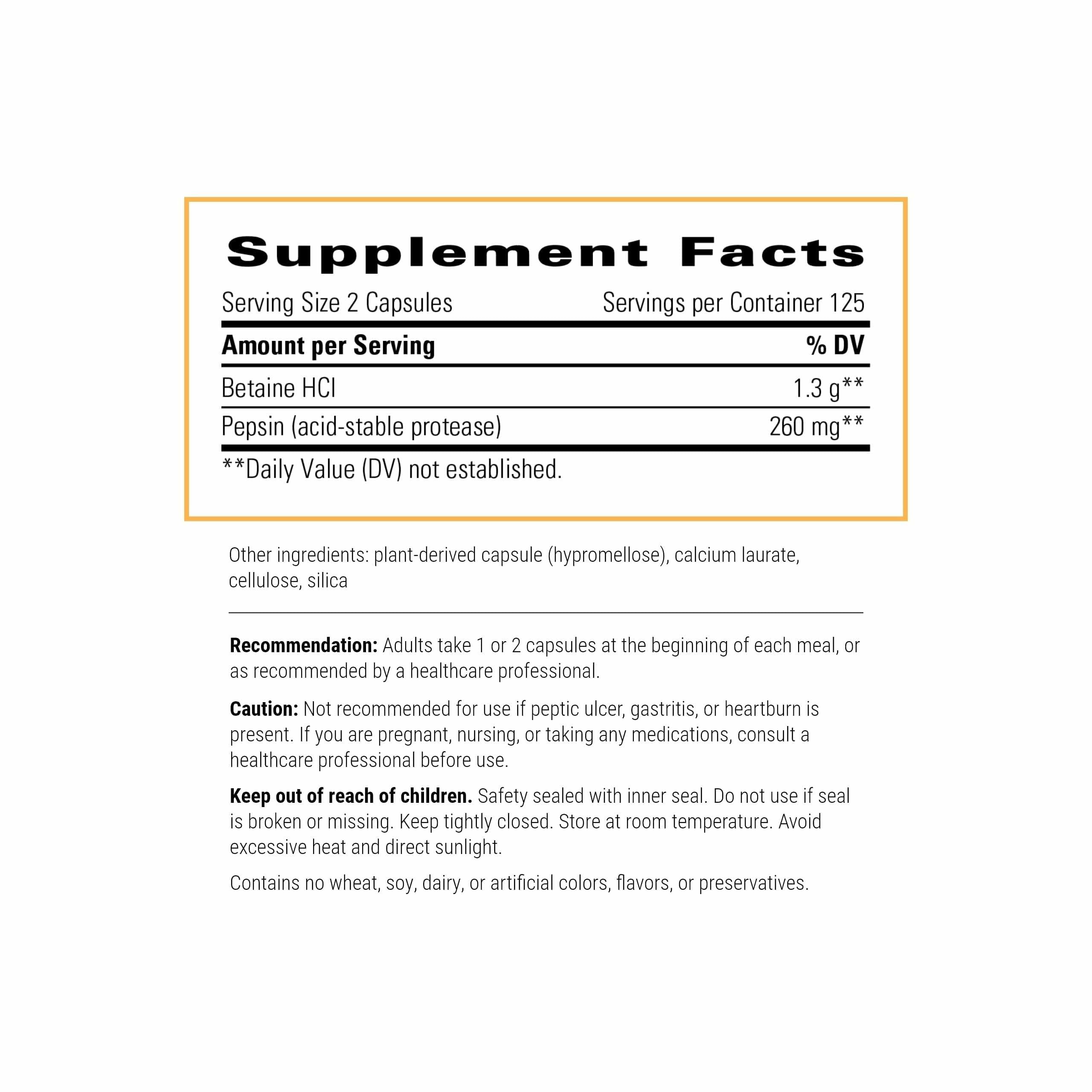Etiqueta del Betaína HCl de Integrative Therapeutics con información de ingredientes