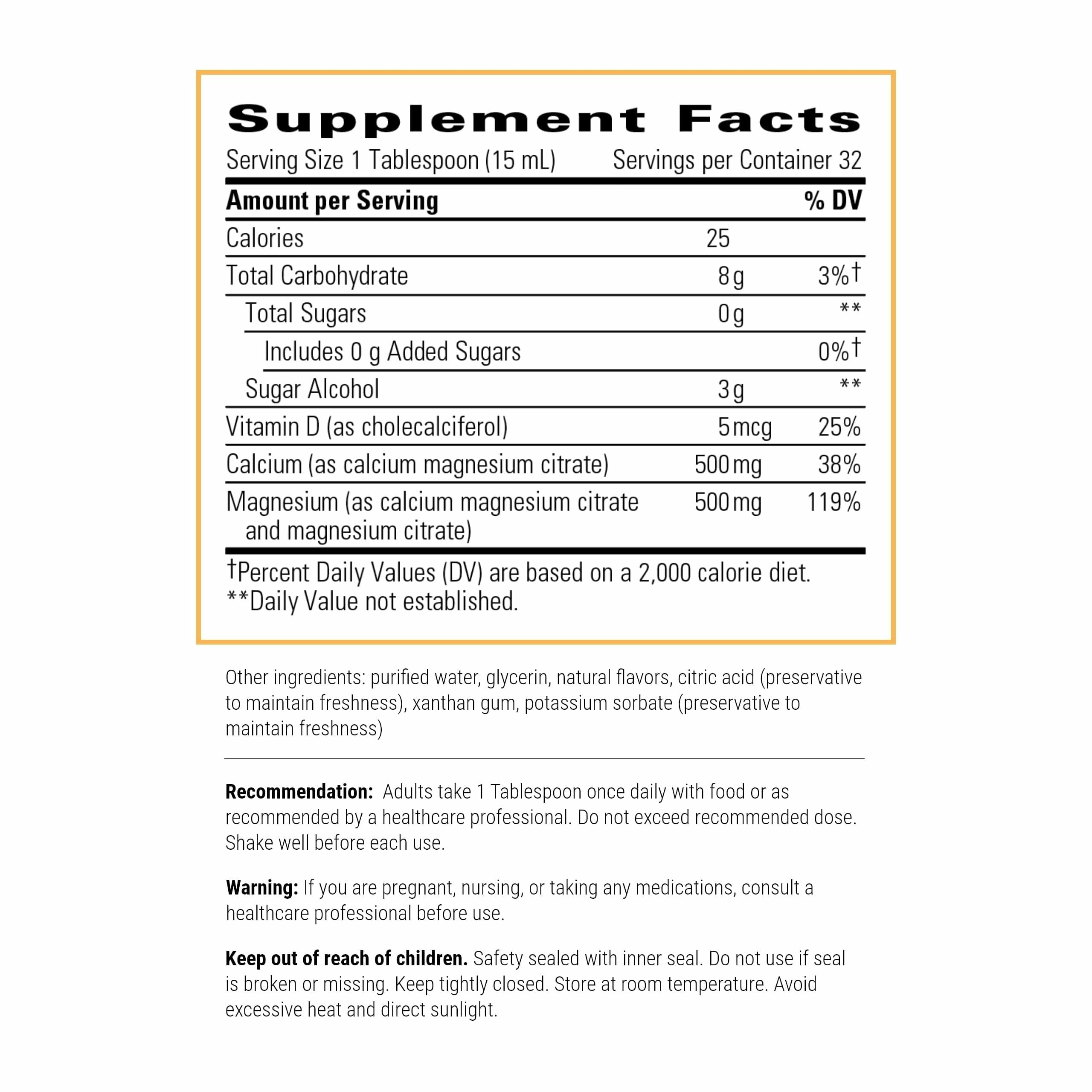 Etiqueta de Integrative Therapeutics calcio magnesio líquido, claridad de ingredientes.