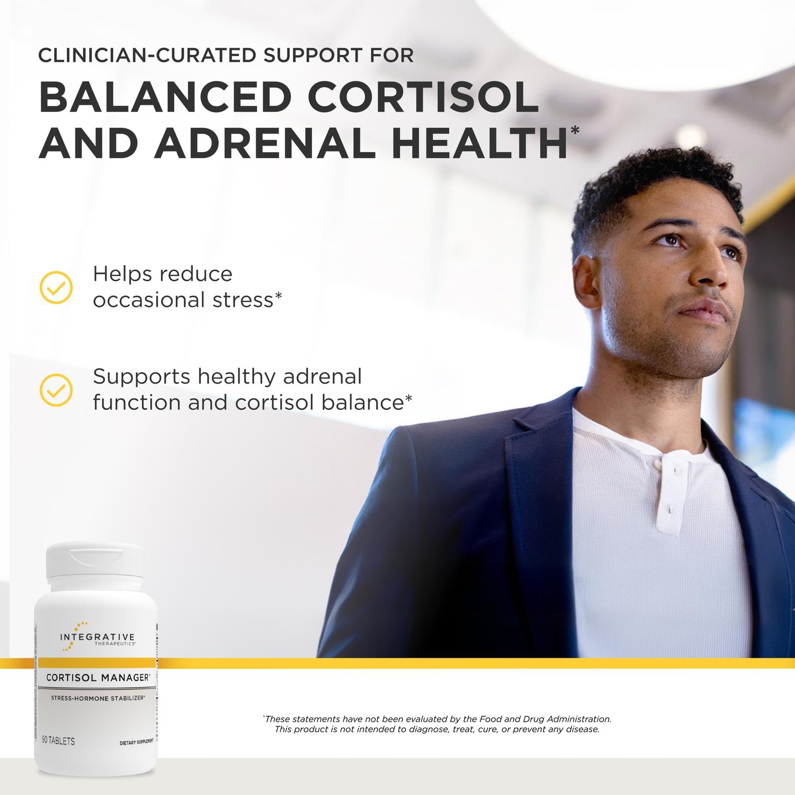 Integrative Therapeutics Cortisol Manager bottle back shows serving details and ingredients.