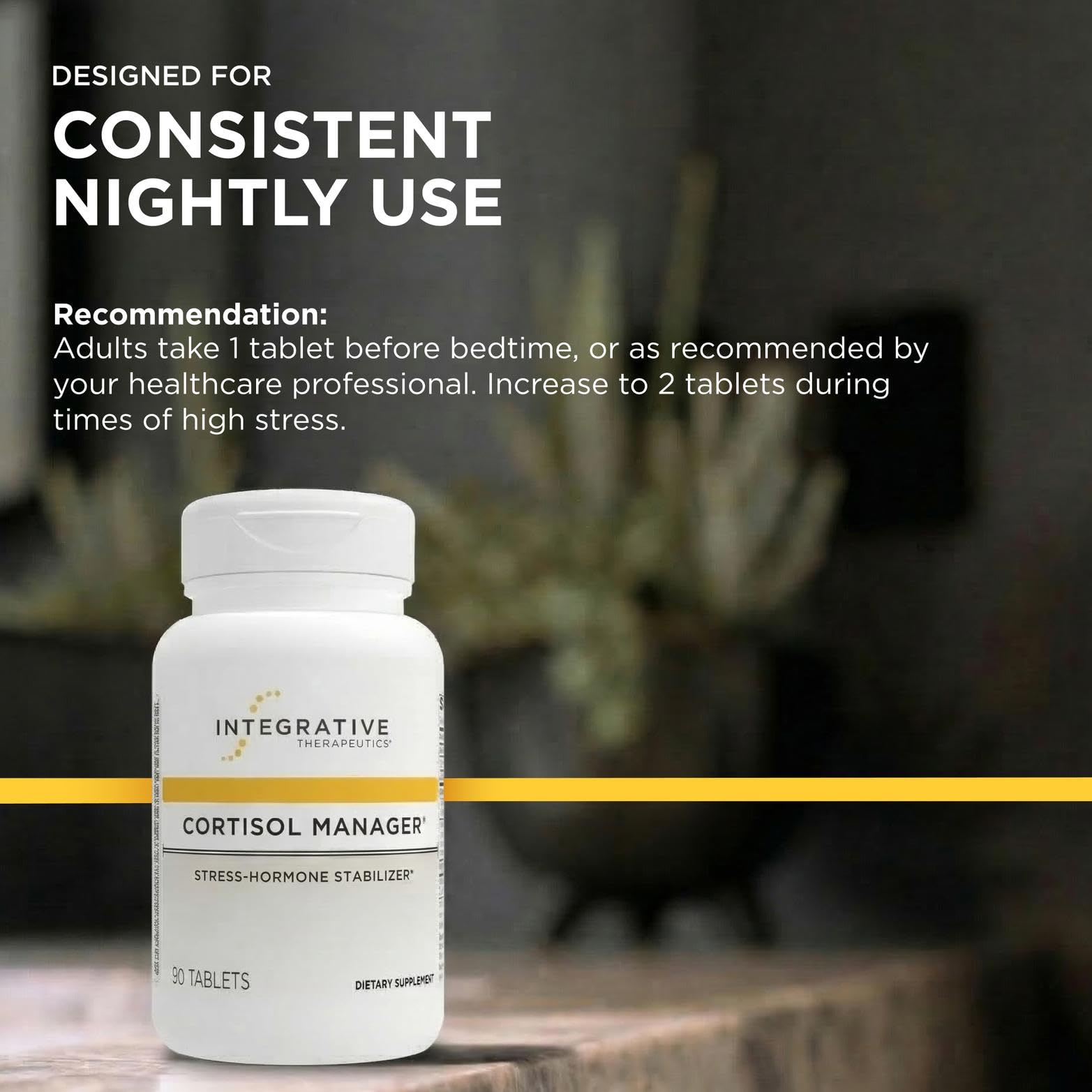 Integrative Therapeutics Cortisol Manager box beside water, suggesting daily routine.