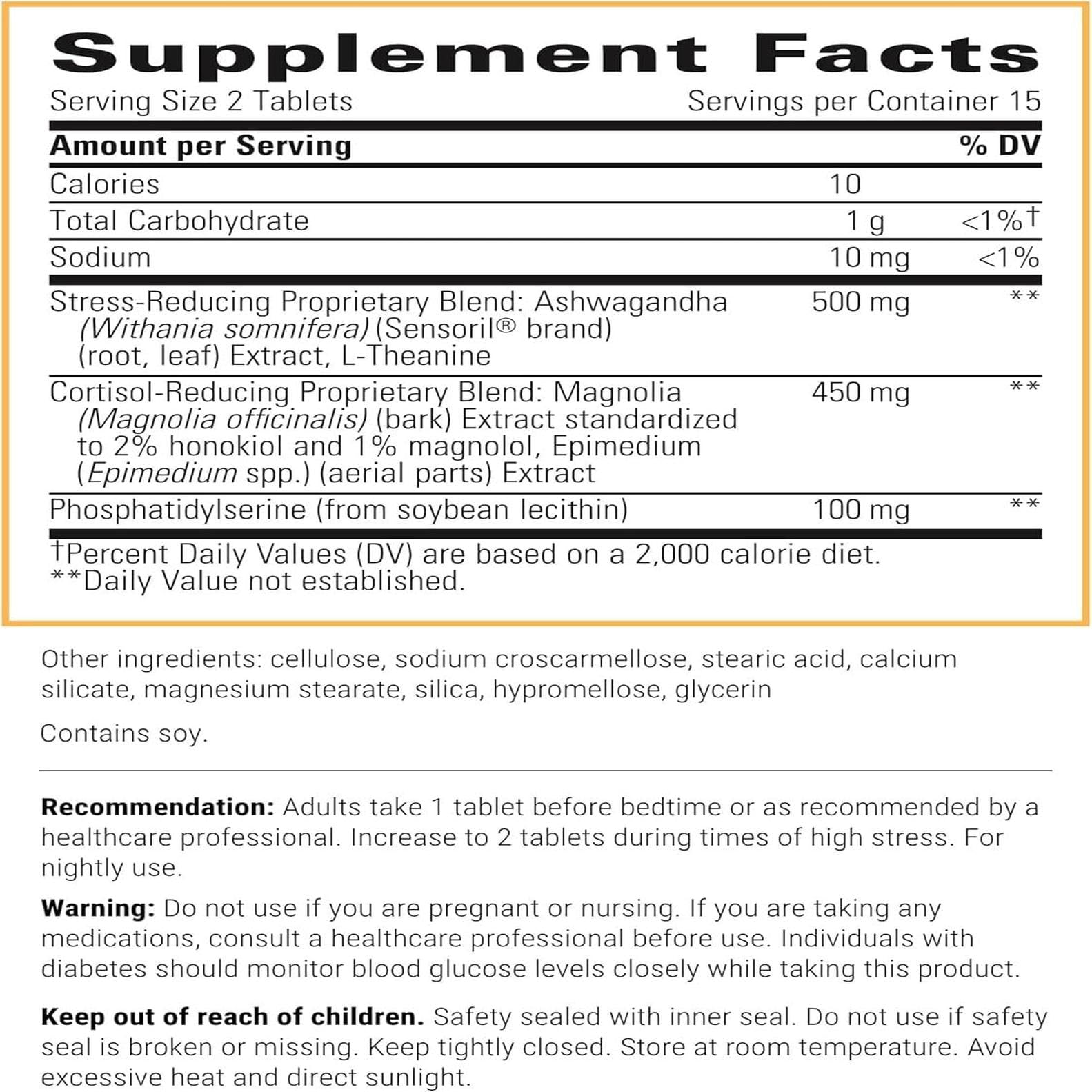 Integrative Therapeutics Cortisol Manager: etiqueta frontal con información de relajación
