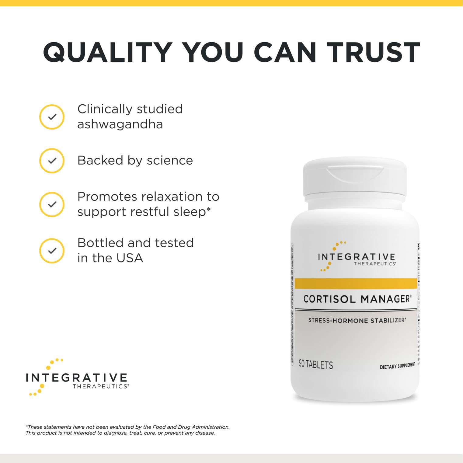 Packaging close-up of Integrative Therapeutics Cortisol Manager highlights key ingredients.