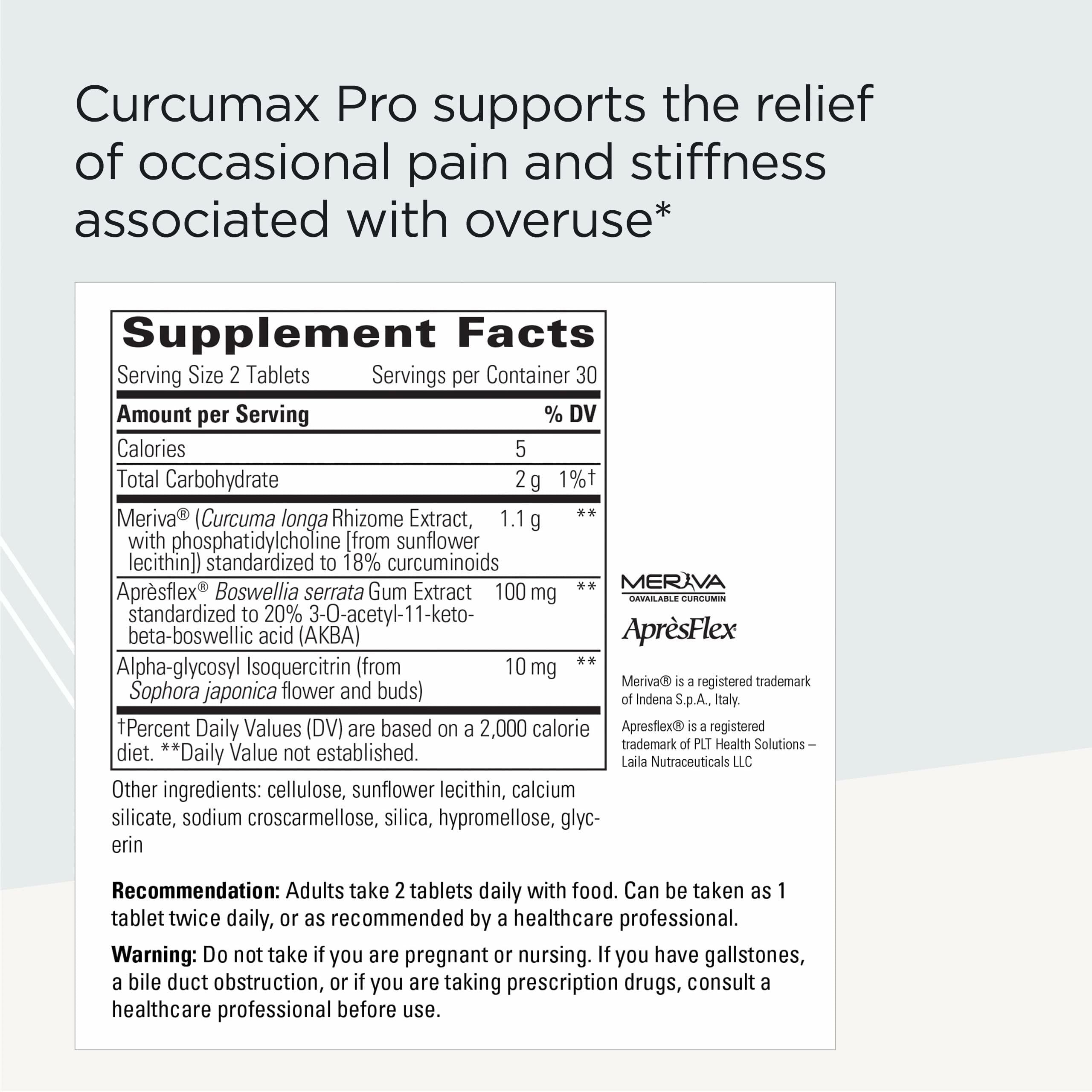 Etiqueta de Curcumax Pro muestra información de ingredientes para uso diario.