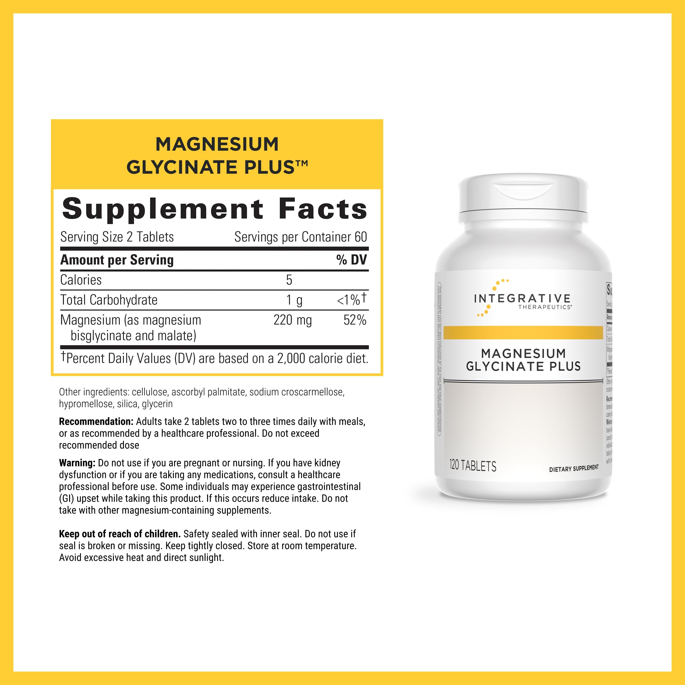 Integrative Therapeutics Magnesium Glycinate Plus, bote frente, uso diario para bienestar muscular.