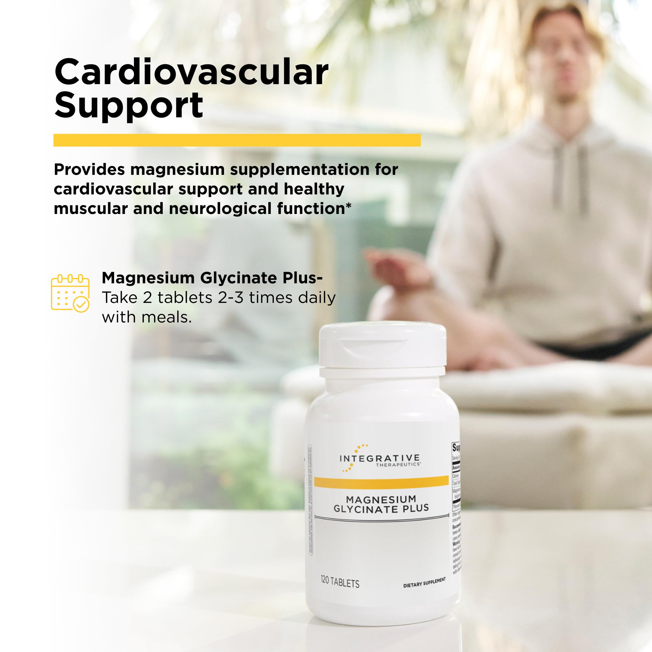 Integrative Therapeutics Magnesium Glycinate Plus, etiqueta clara, fácil identificación de dosificación.