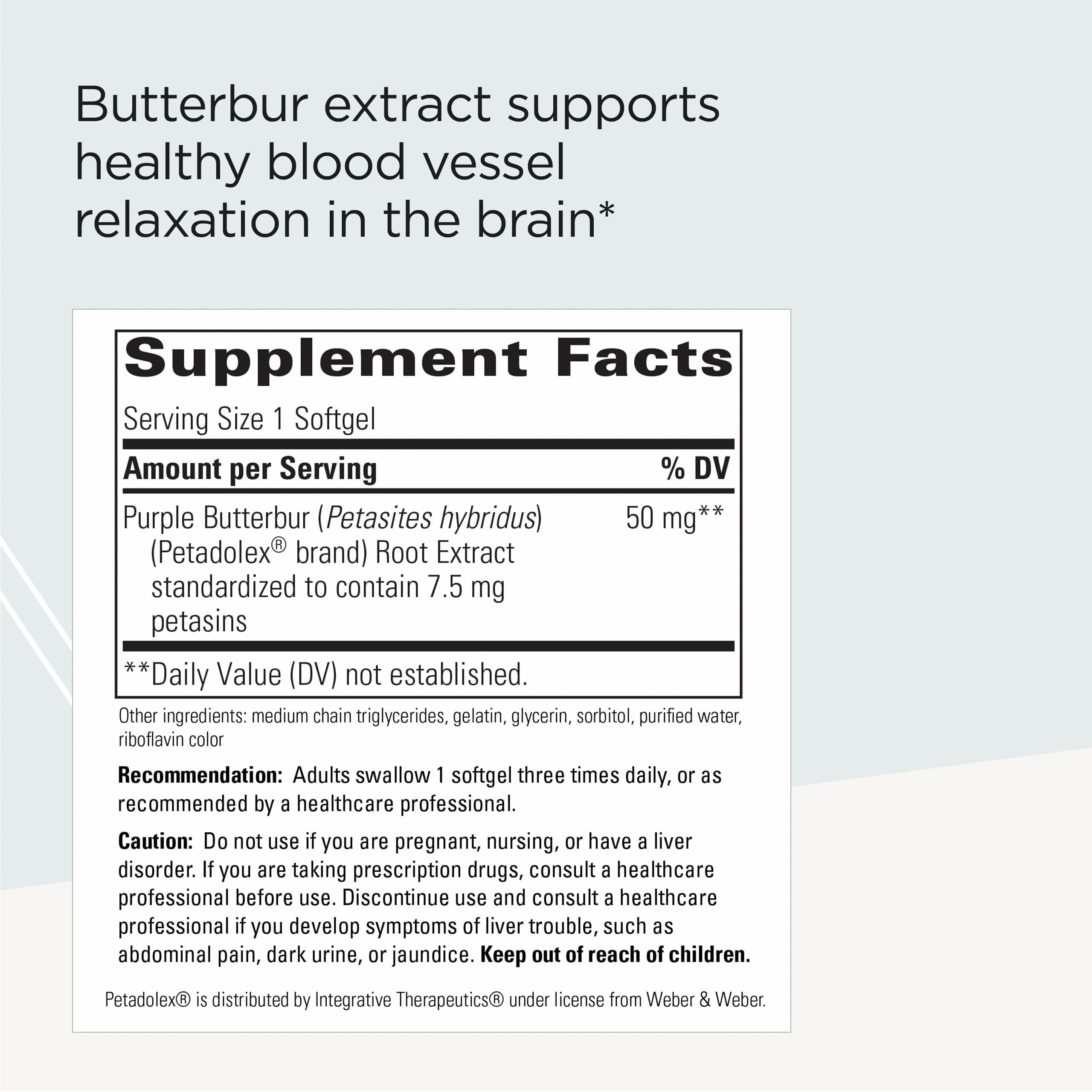 Petadolex Integrative Therapeutics: etiqueta que revela extracto de butterbur para bienestar cerebral