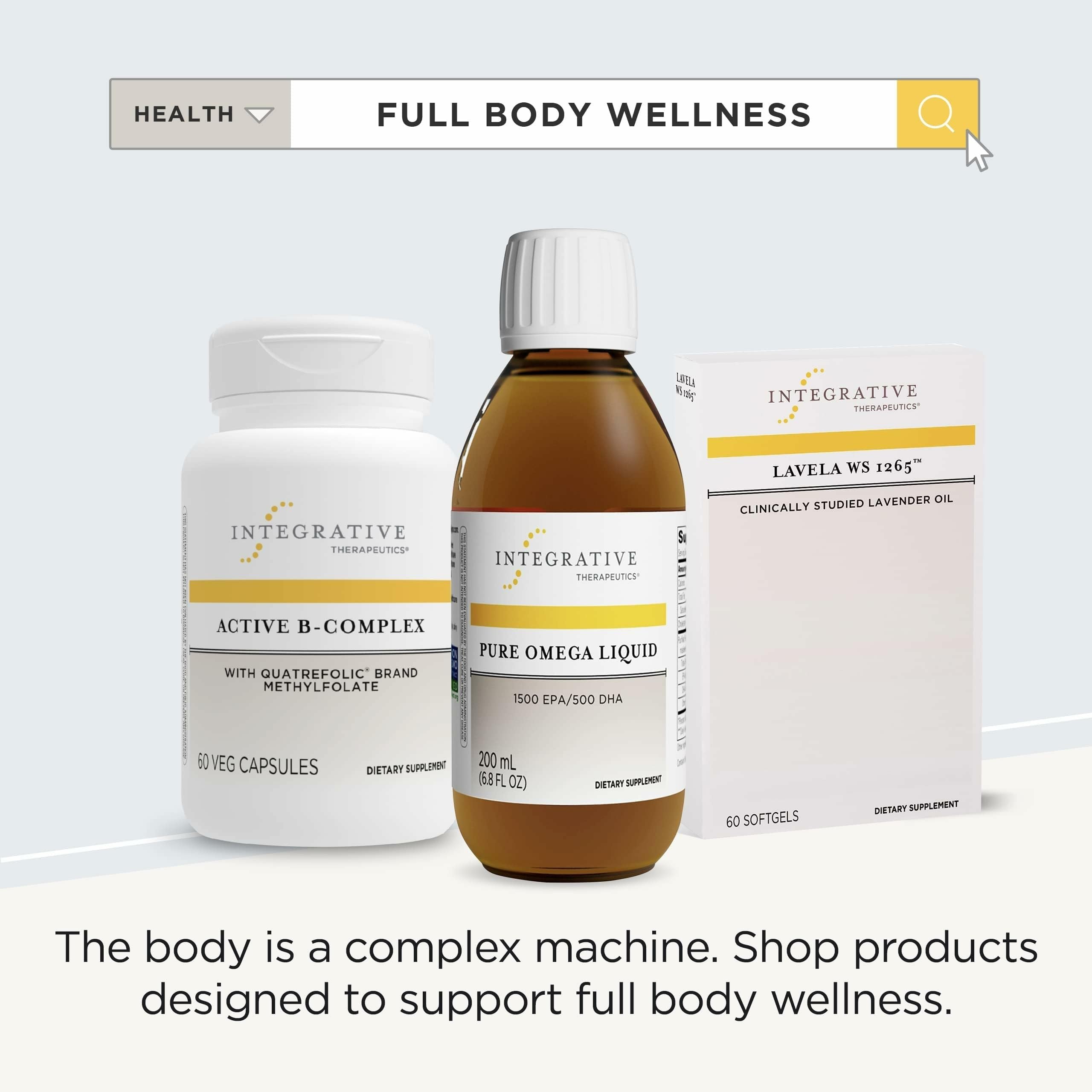 Omega Puro Líquido Integrative Therapeutics, libre de colorantes artificiales y sabor cítrico.