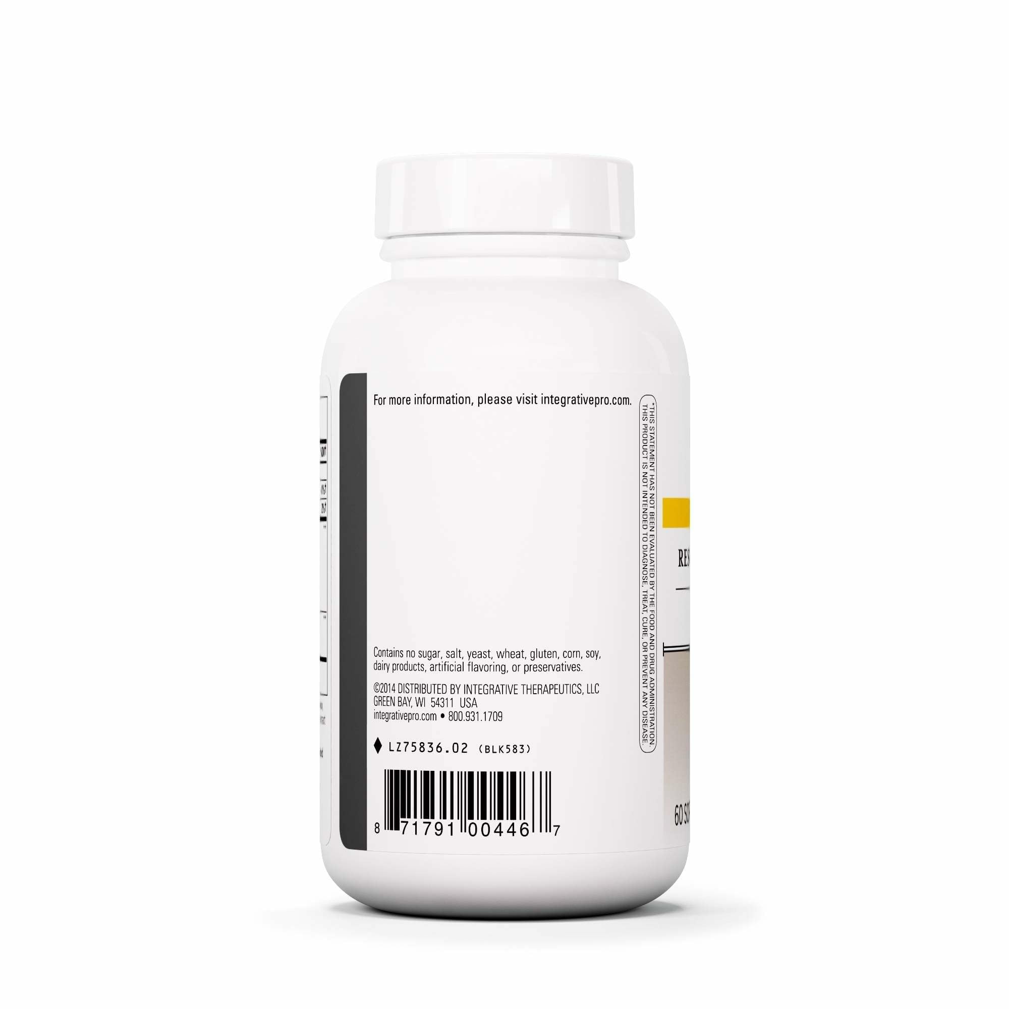 Botella de Resveratrol Ultra HP con etiqueta frontal mostrando ingredientes clave para apoyo antioxidante.