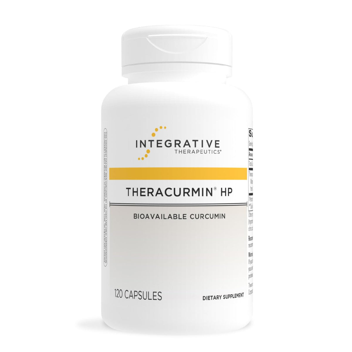 Theracurmin HP de Integrative Therapeutics, botella vista frontal, apoyo potencial para recuperación muscular tras ejercicio intenso.