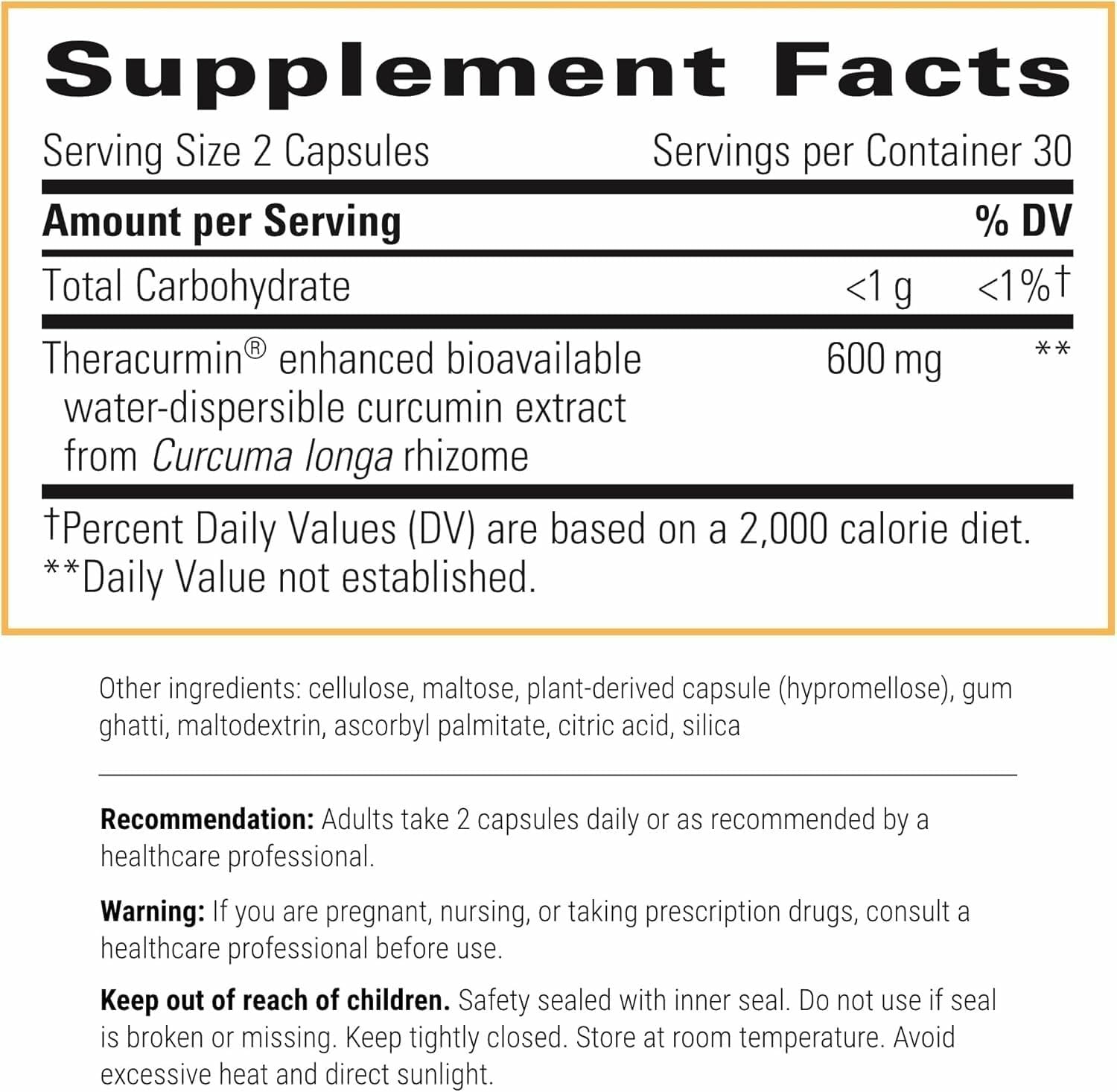 Etiqueta clara de Theracurmin HP para identificar rápidamente ingredientes y uso diario.