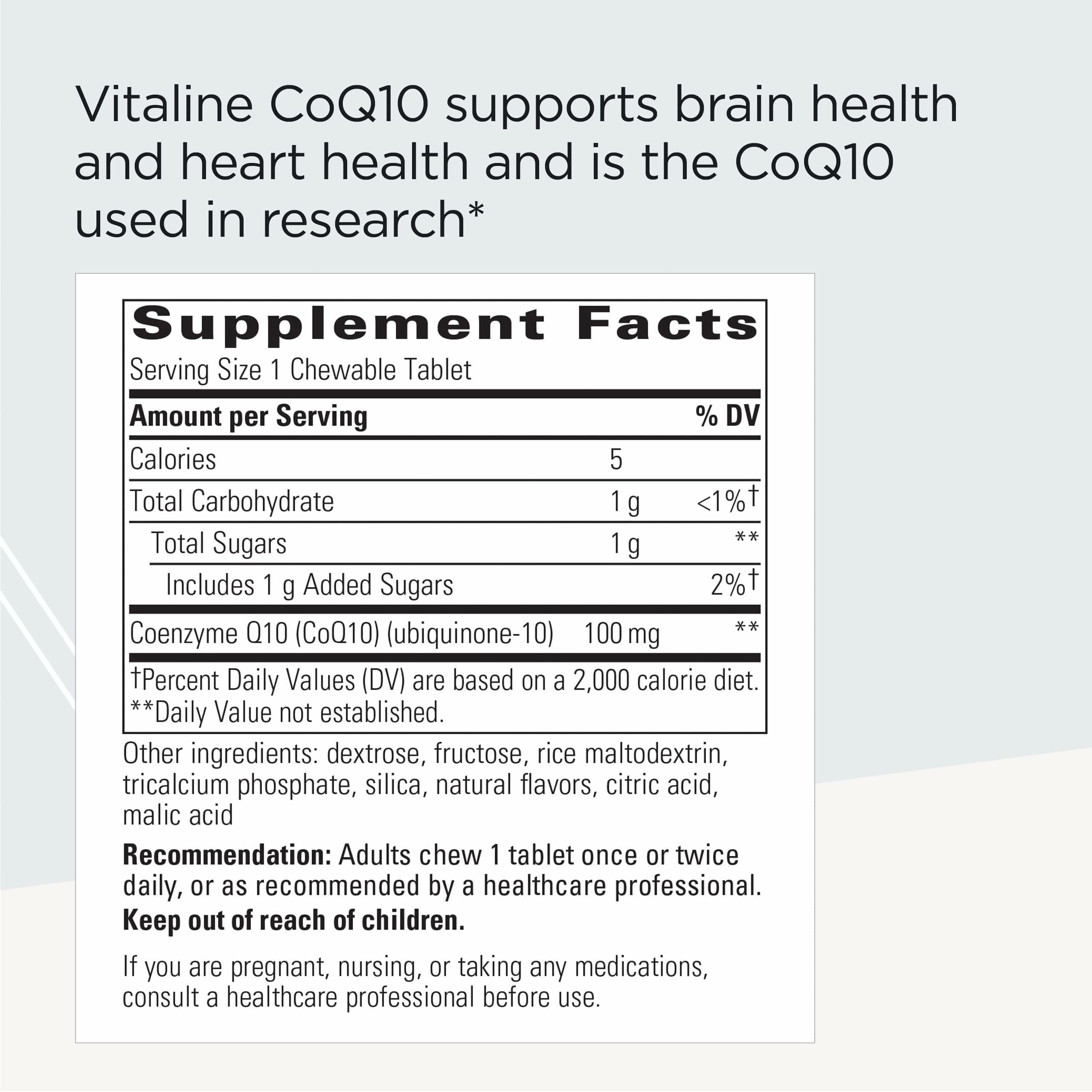 Vitaline CoQ10 en vaso mostrando tabletas listas para consumo diario
