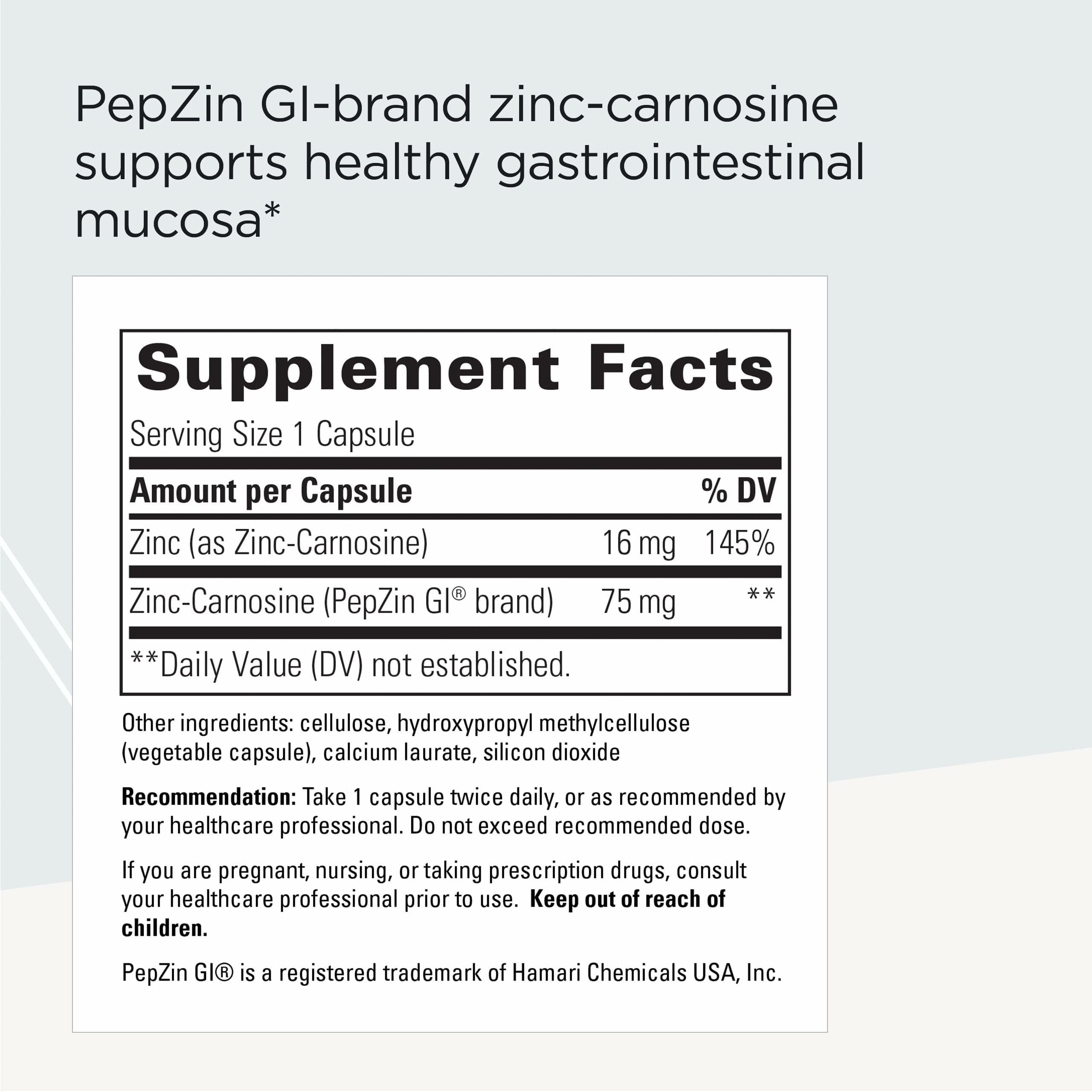 Cápsulas de Zinc-Carnosine de Integrative Therapeutics, ingesta diaria conveniente.
