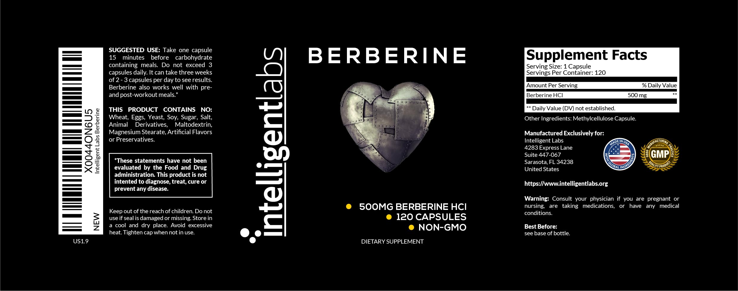 Intelligent Labs Berberina HCL Plus, etiqueta de seguridad, garantía de calidad y pureza