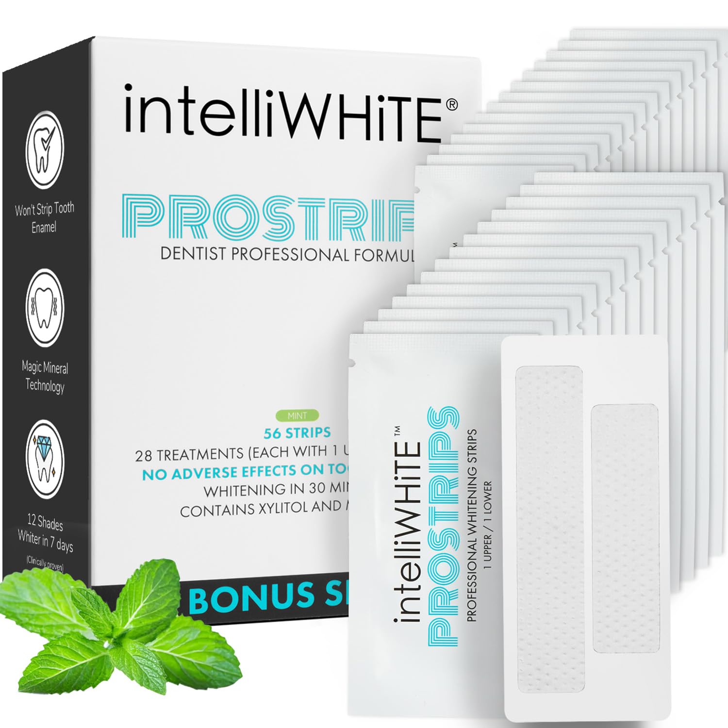 IntelliWHiTE ProStrips: empaque mentolado para blanqueamiento en casa.