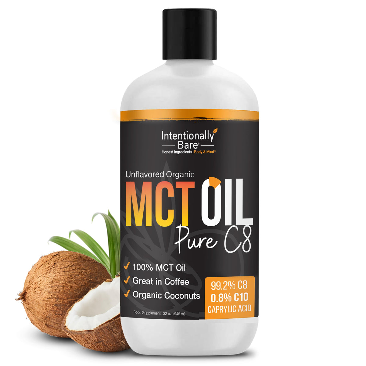 Intentionally Bare MCT Oil en botella, ideal para mezclar en café o batidos.