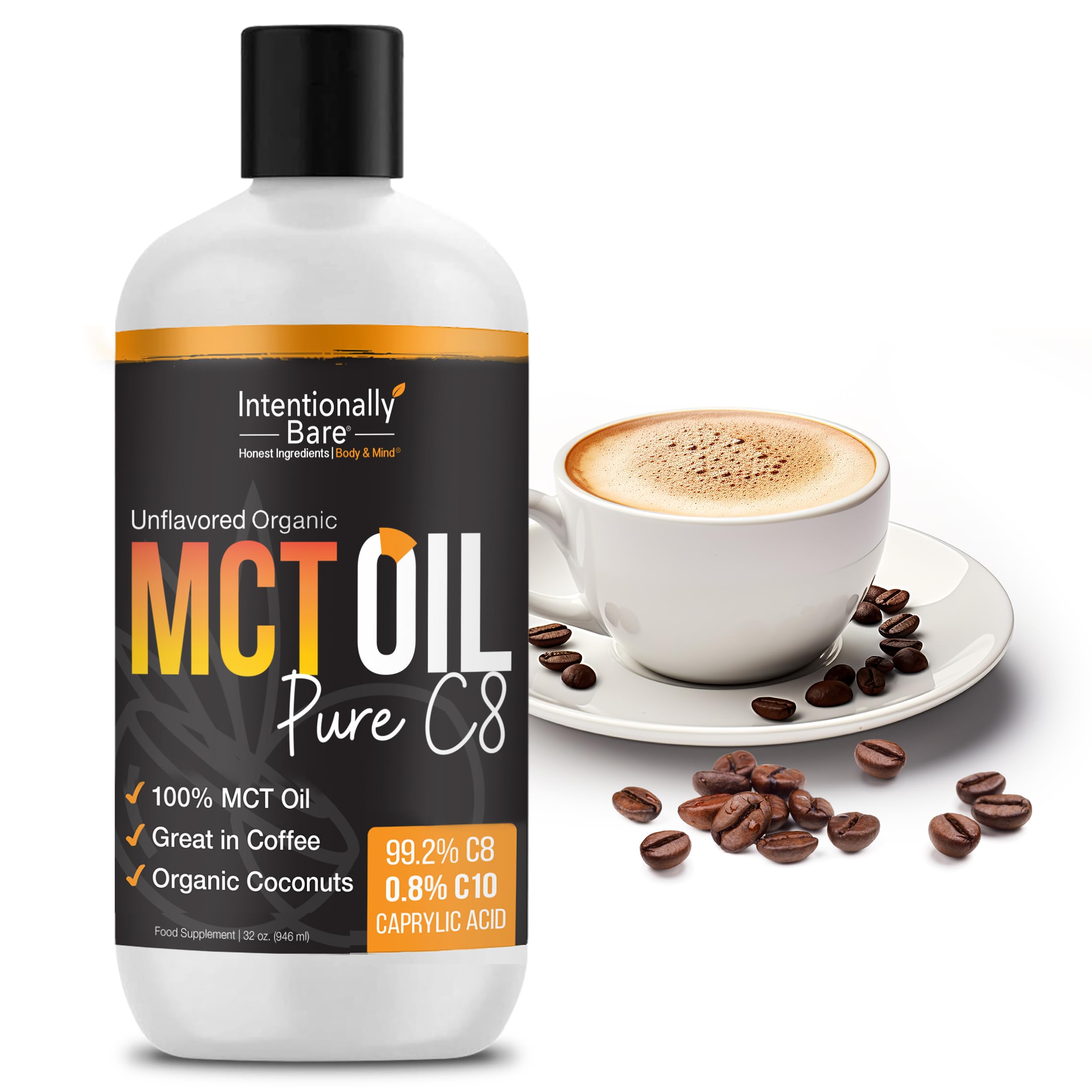 Intentionally Bare MCT Oil alta concentración C8, ideal para bebidas y cocina rápida.
