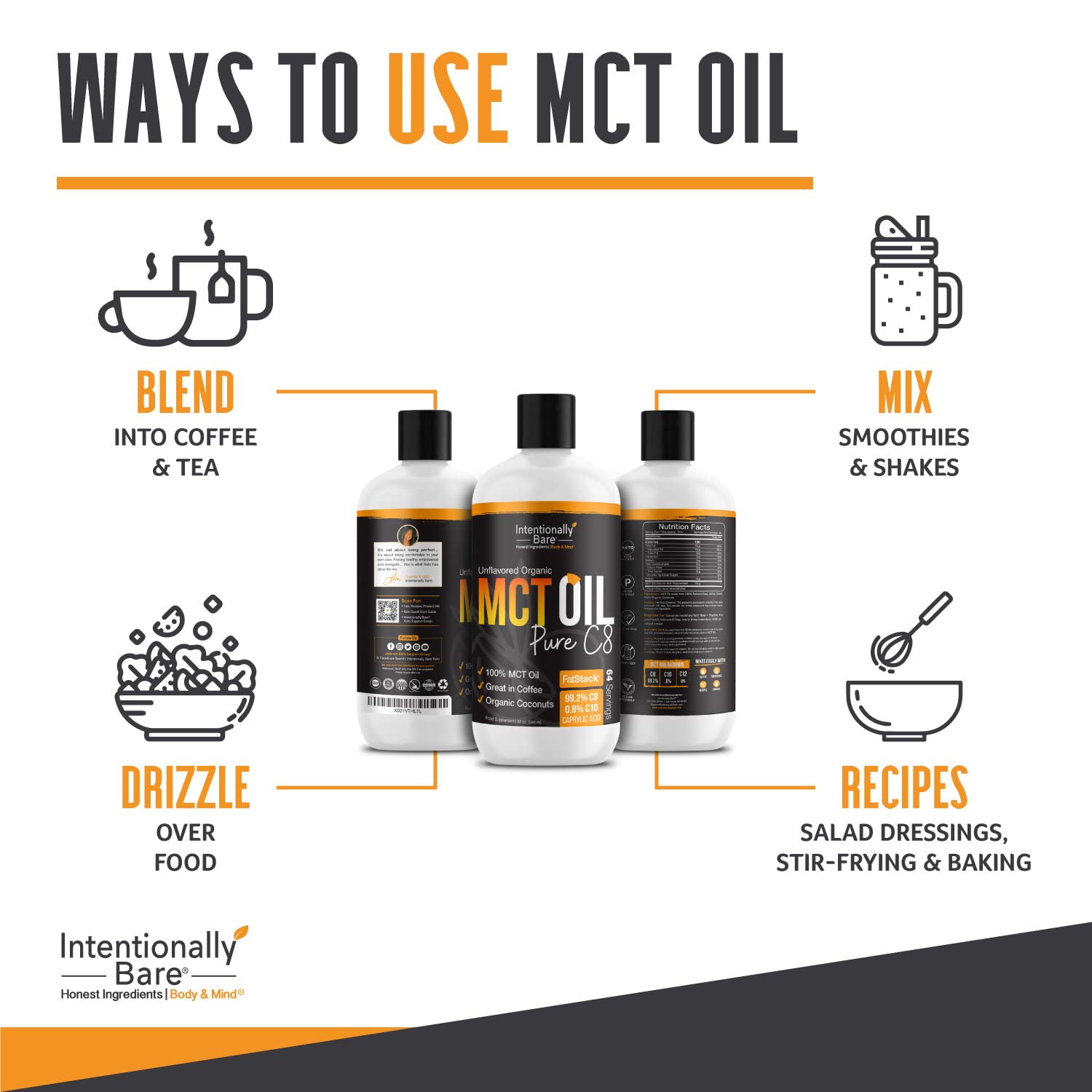 Intentionally Bare MCT Oil orgánico de coco, ingrediente mínimo y natural.