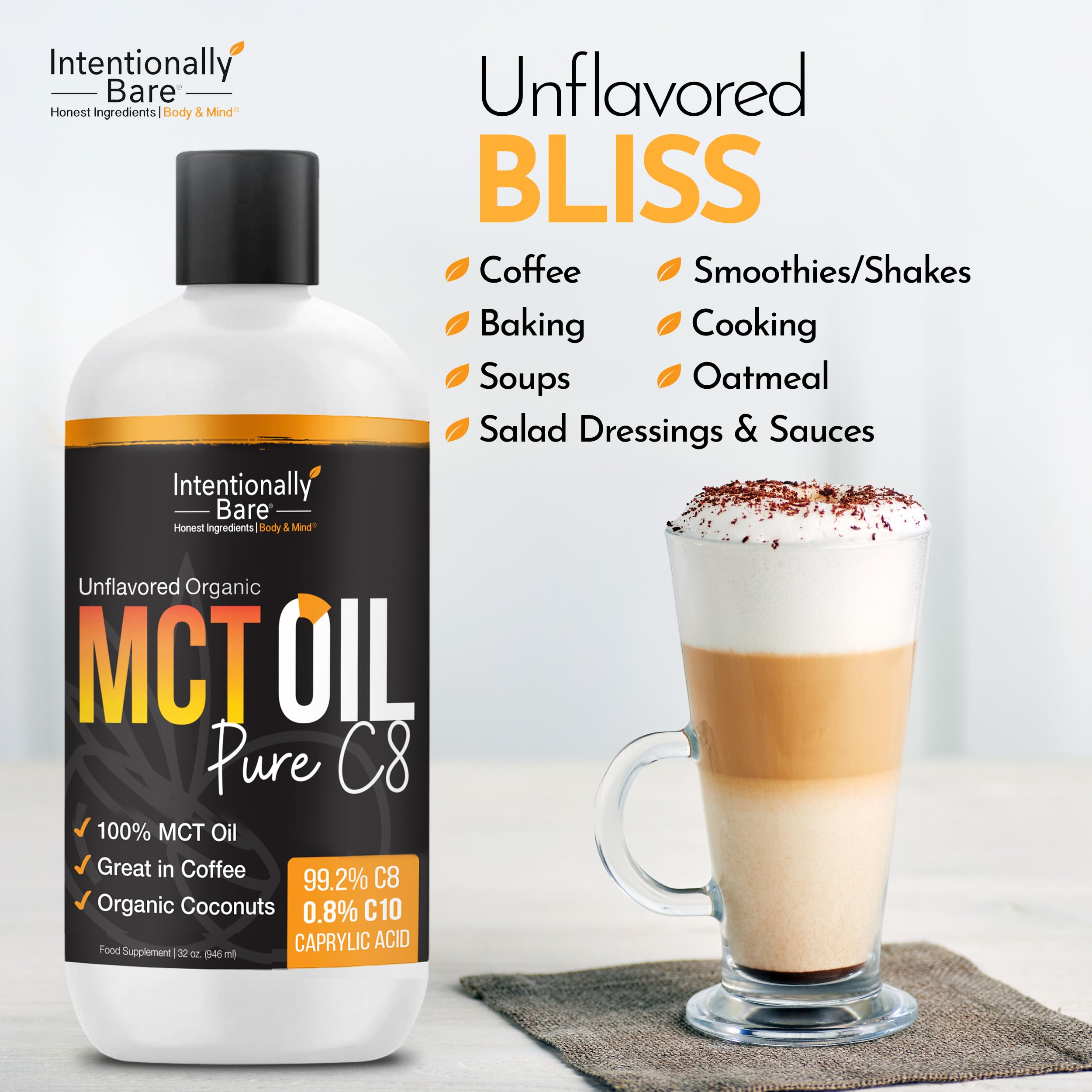 Intentionally Bare MCT Oil sin sabor, compatible con recetas keto y bebidas.