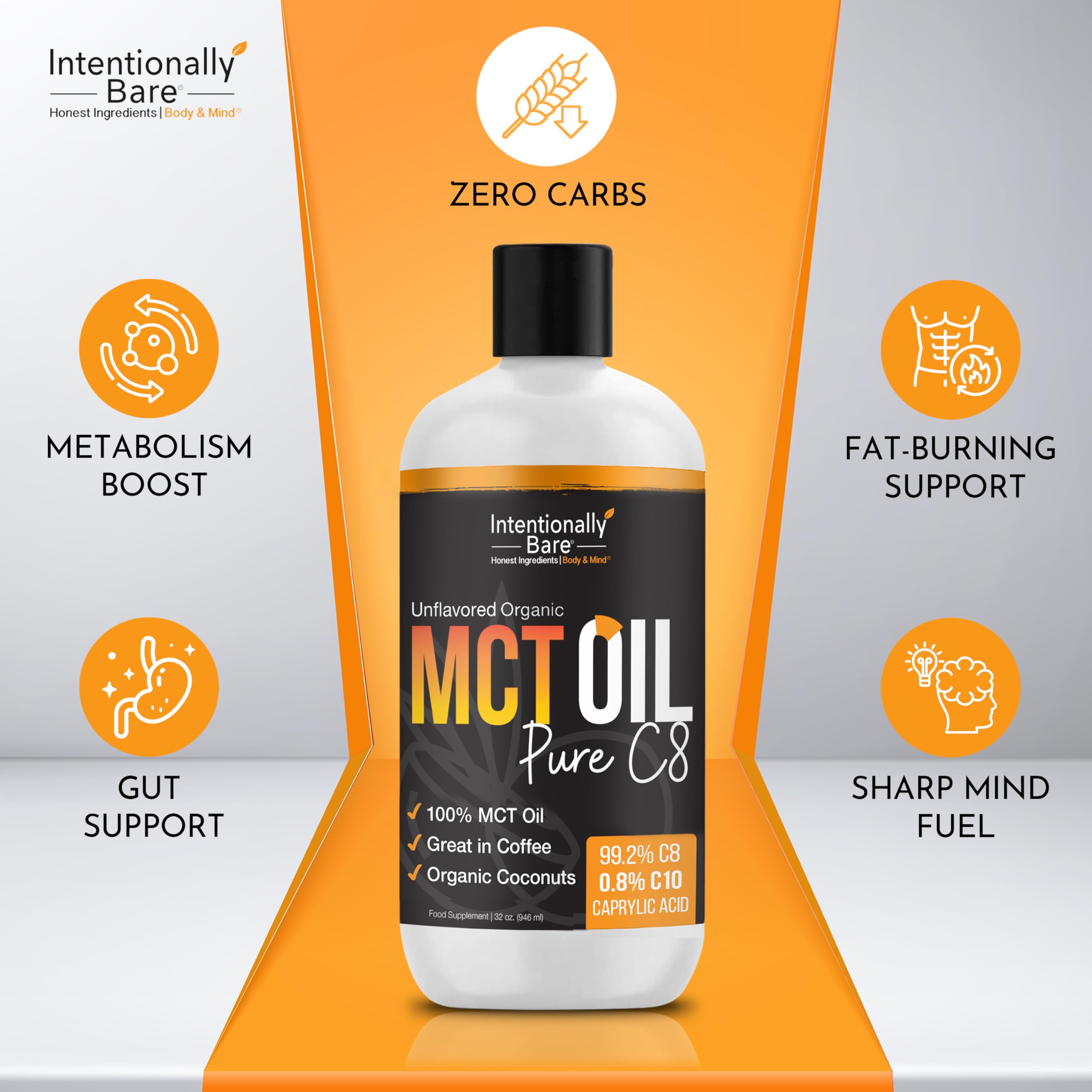 Intentionally Bare MCT Oil coco orgánico, apto para keto, paleo y vegano.
