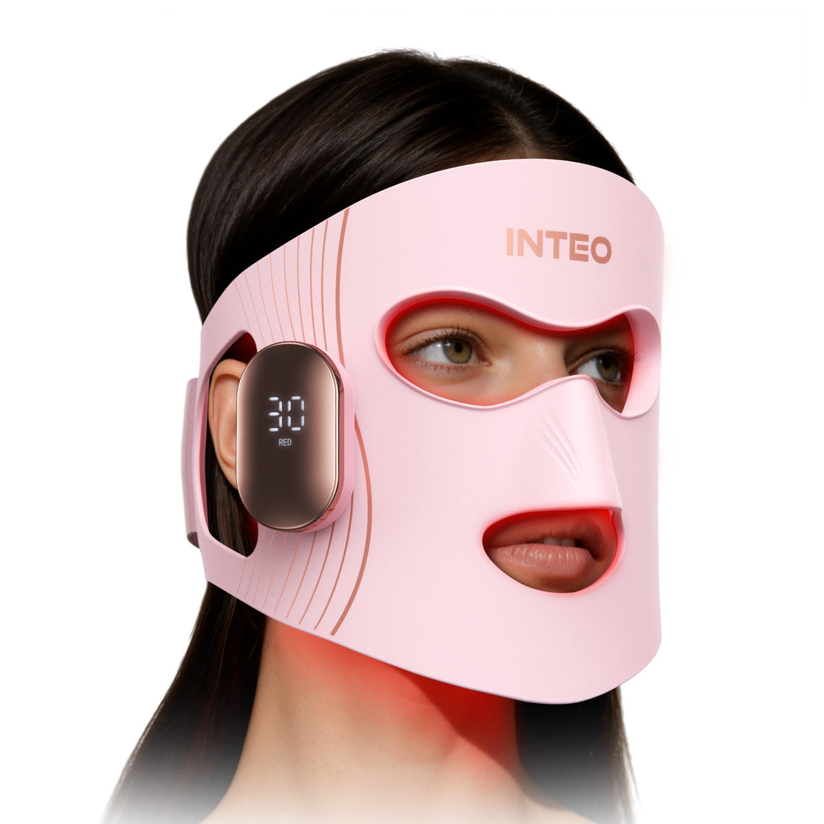 INTEO máscara terapia luz roja para rostro, mejora cuidado facial suave en casa.