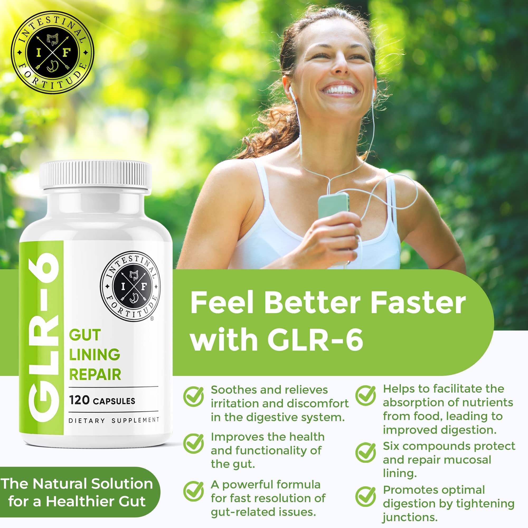 Intestinal Fortitude GLR-6, etiqueta frontal, muestra ingredientes clave para la salud intestinal.
