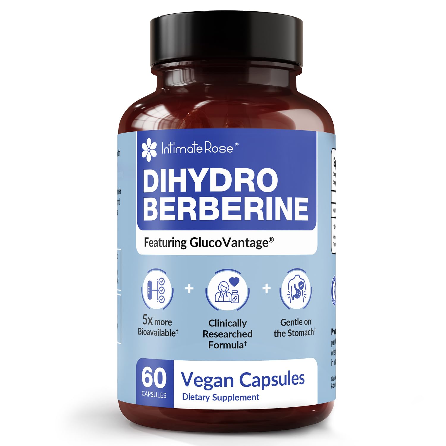 Intimate Rose DHB cápsulas de 200 mg en botella para absorción eficiente.