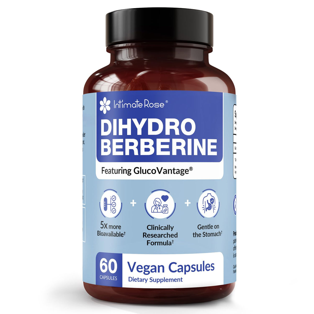 Intimate Rose DHB cápsulas de 200 mg en botella para absorción eficiente.