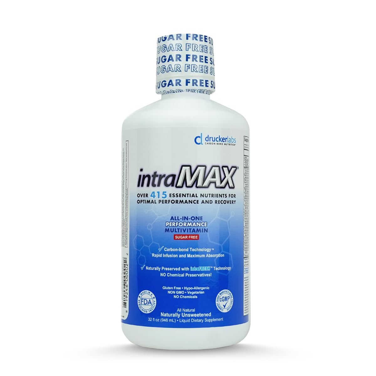 intraMAX botella vertiendo el líquido para consumo diario y apoyo a la energía.