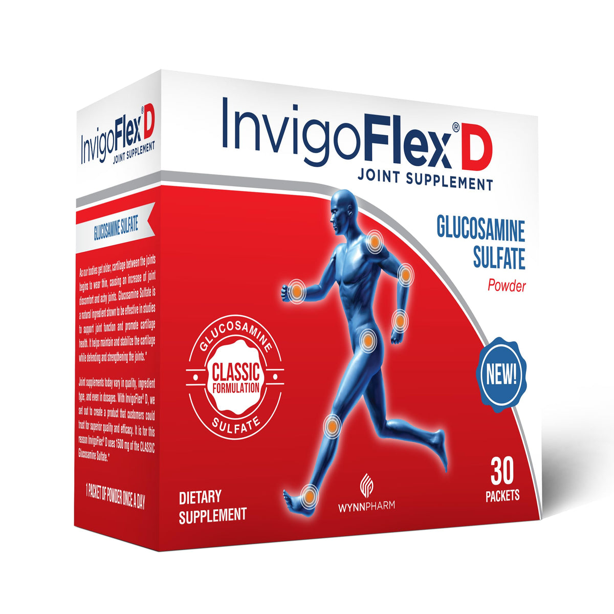 INVIGOFLEX D: polvo de glucosamina 1500 mg en copa para apoyar la movilidad.