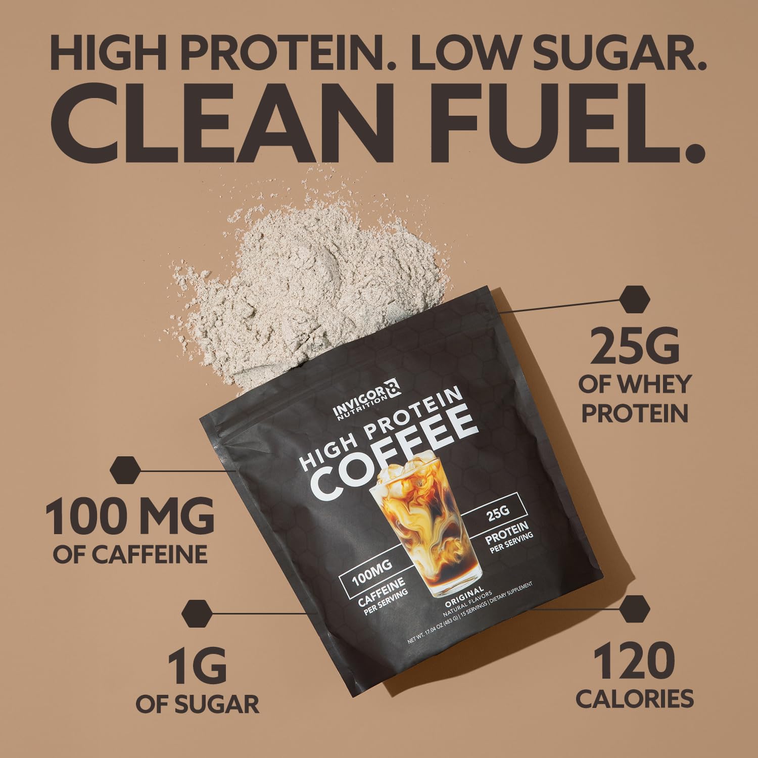 INVIGOR8 Café con Proteína, granos colombianos para sabor suave y natural